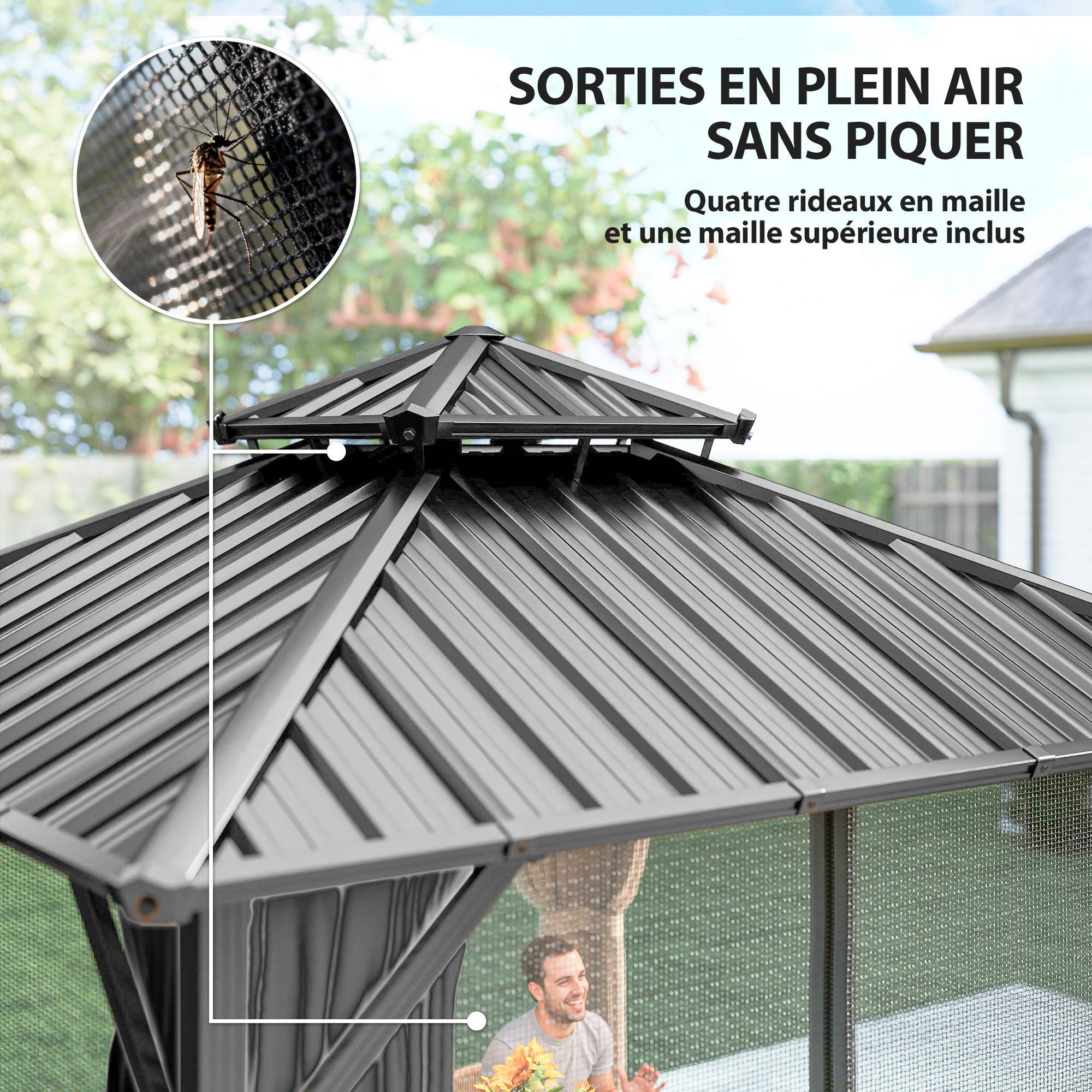 ComfortXL - Pavillon toit rigide acier aluminium jardin abri toutes saisons 3x3m gris foncé - ComfortXL Outdoor Living - Image 9