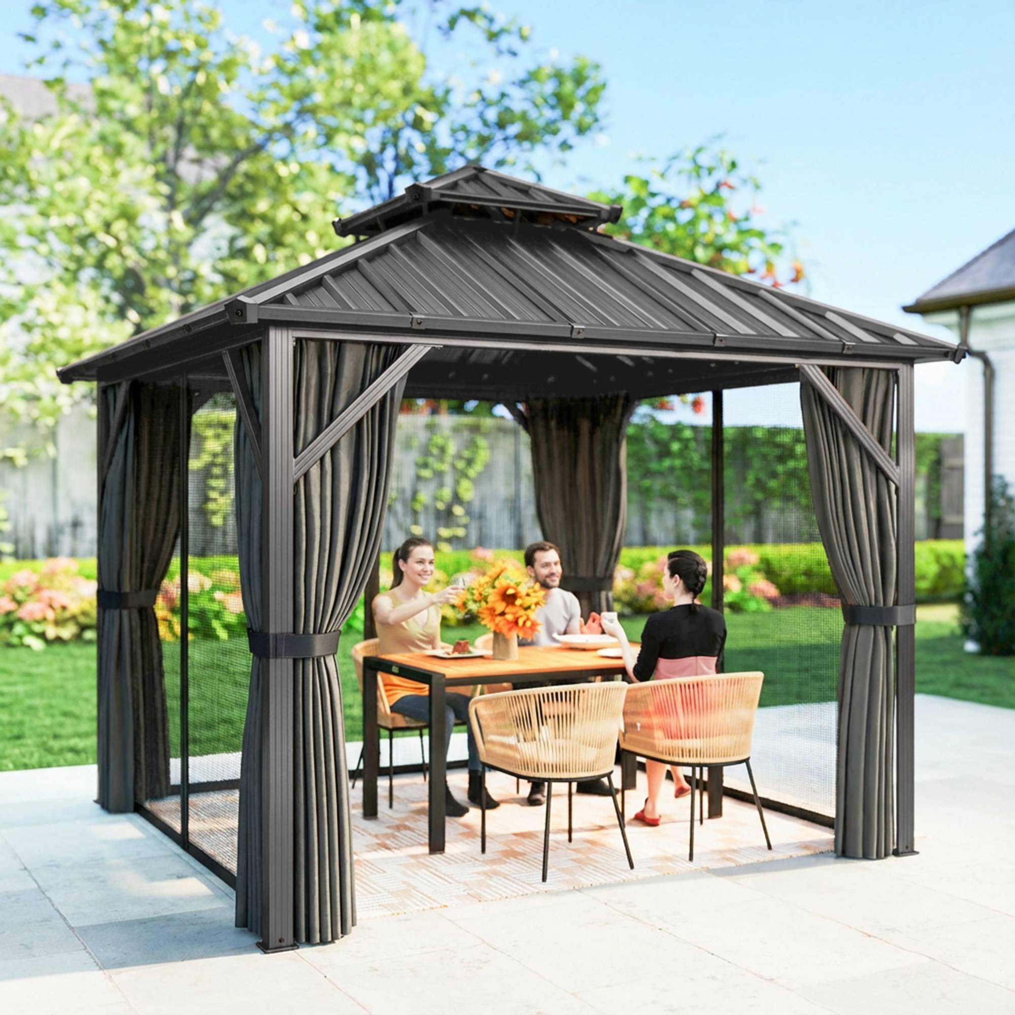 ComfortXL - Pavillon toit rigide acier aluminium jardin abri toutes saisons 3x3m gris foncé - ComfortXL Outdoor Living - Image 4