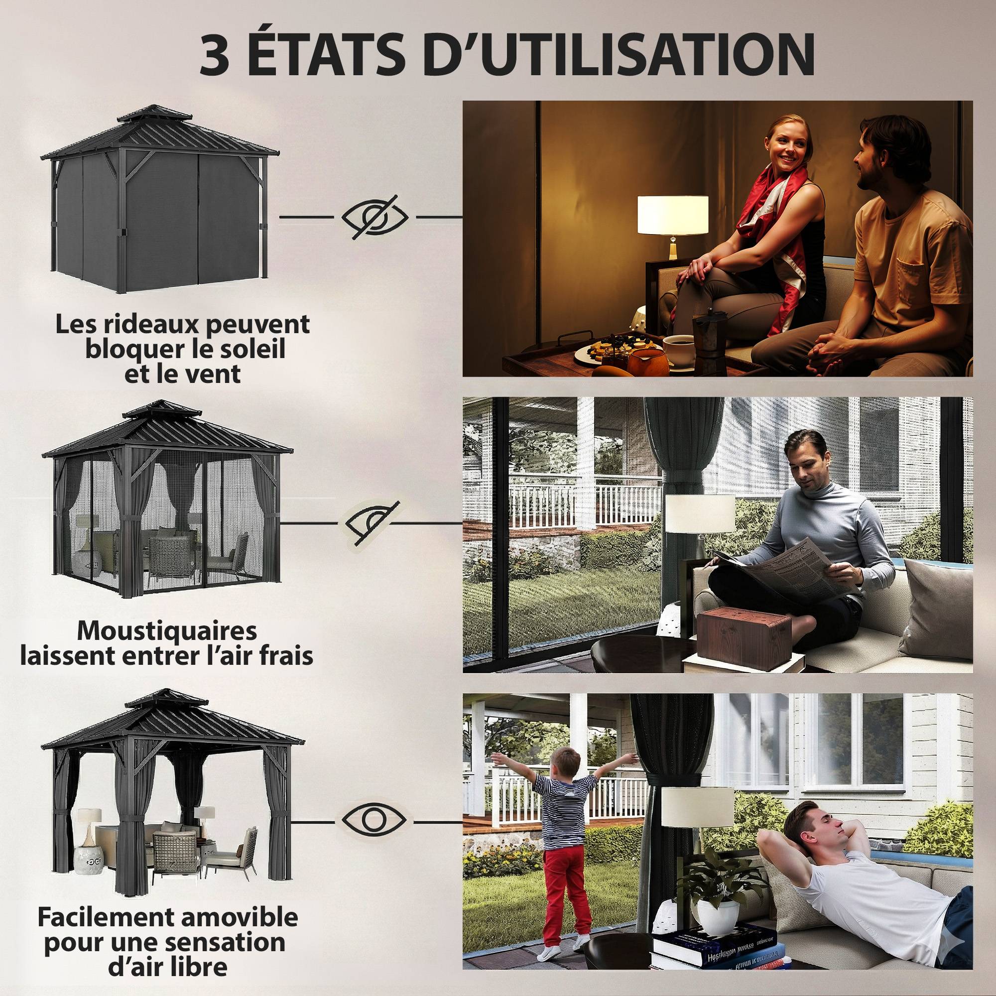 ComfortXL - Pavillon toit rigide acier aluminium jardin abri toutes saisons 3x3m gris foncé - ComfortXL Outdoor Living - Image 8