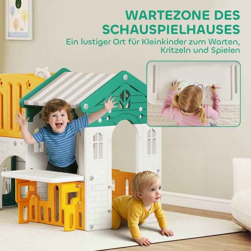 Toboggan 7-en-1, aire de jeu intérieure, structure d’escalade, cabane, tableau, panier de basket, plastique jaune+vert, 1-4 ans - Image 6