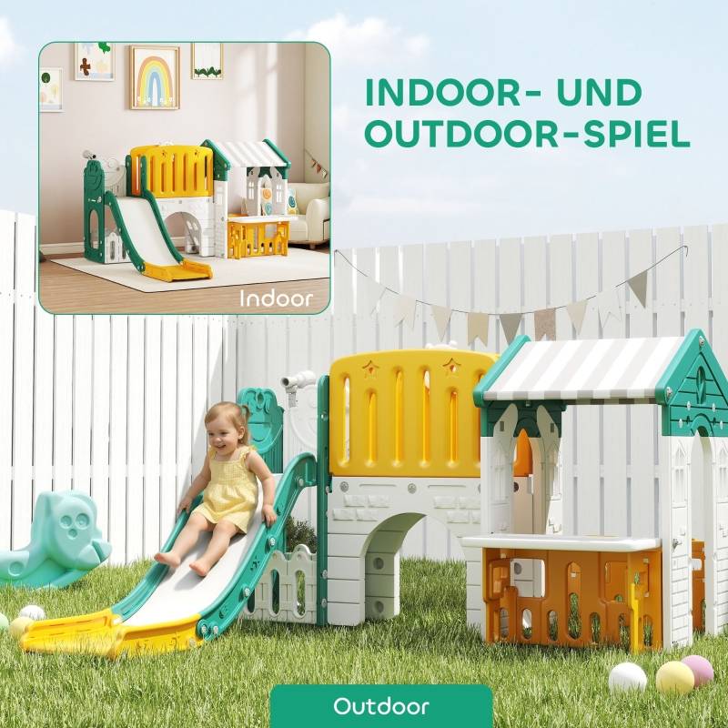 Toboggan 7-en-1, aire de jeu intérieure, structure d’escalade, cabane, tableau, panier de basket, plastique jaune+vert, 1-4 ans - Image 8