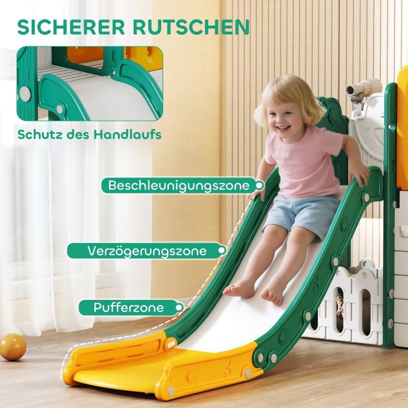 Toboggan 7-en-1, aire de jeu intérieure, structure d’escalade, cabane, tableau, panier de basket, plastique jaune+vert, 1-4 ans - Image 5