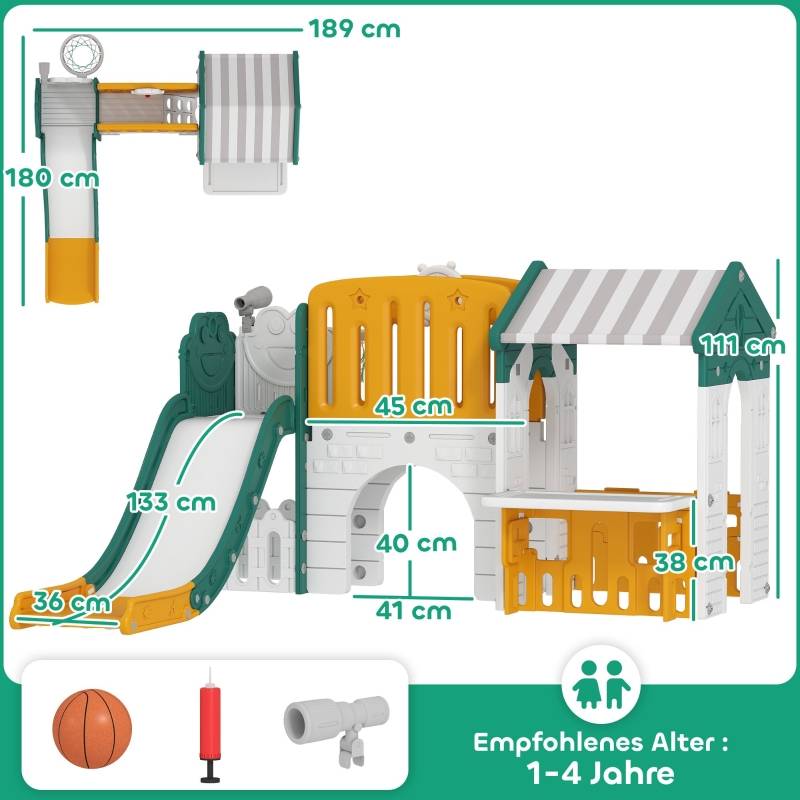 Toboggan 7-en-1, aire de jeu intérieure, structure d’escalade, cabane, tableau, panier de basket, plastique jaune+vert, 1-4 ans - Image 3