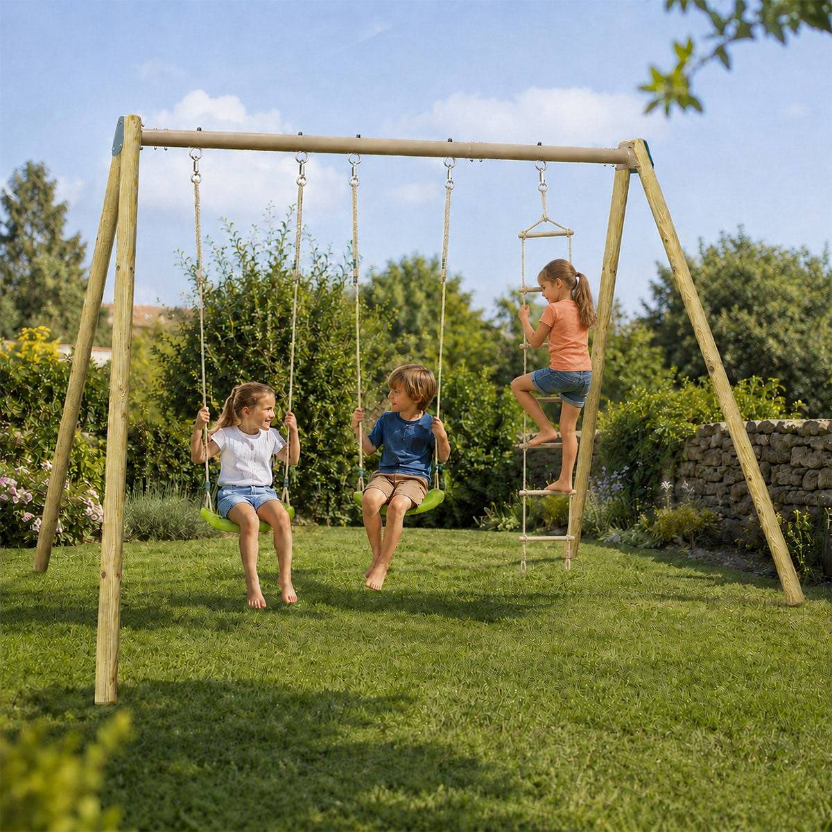 Trigano Jardin - Balançoire double avec echelle de corde - Techwood Harmonie BLOU FUN- Aléo by Trigano - Image 2