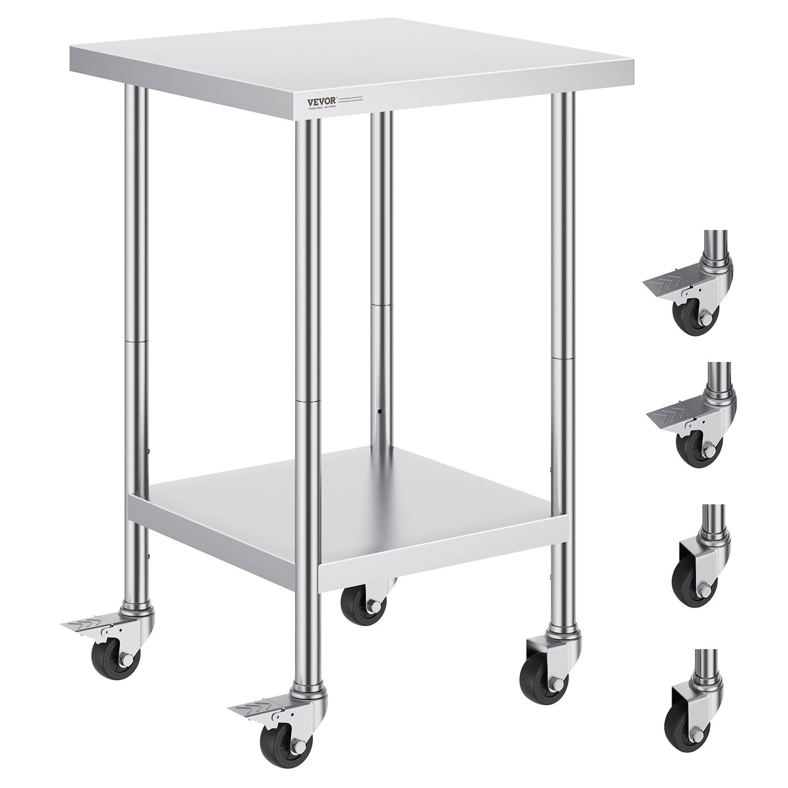 VEVOR Table travail inox 61x61x96cm, charge 317.5kg, 4 roulettes, 3 hauteurs, cuisine, restaurant. - Image 1