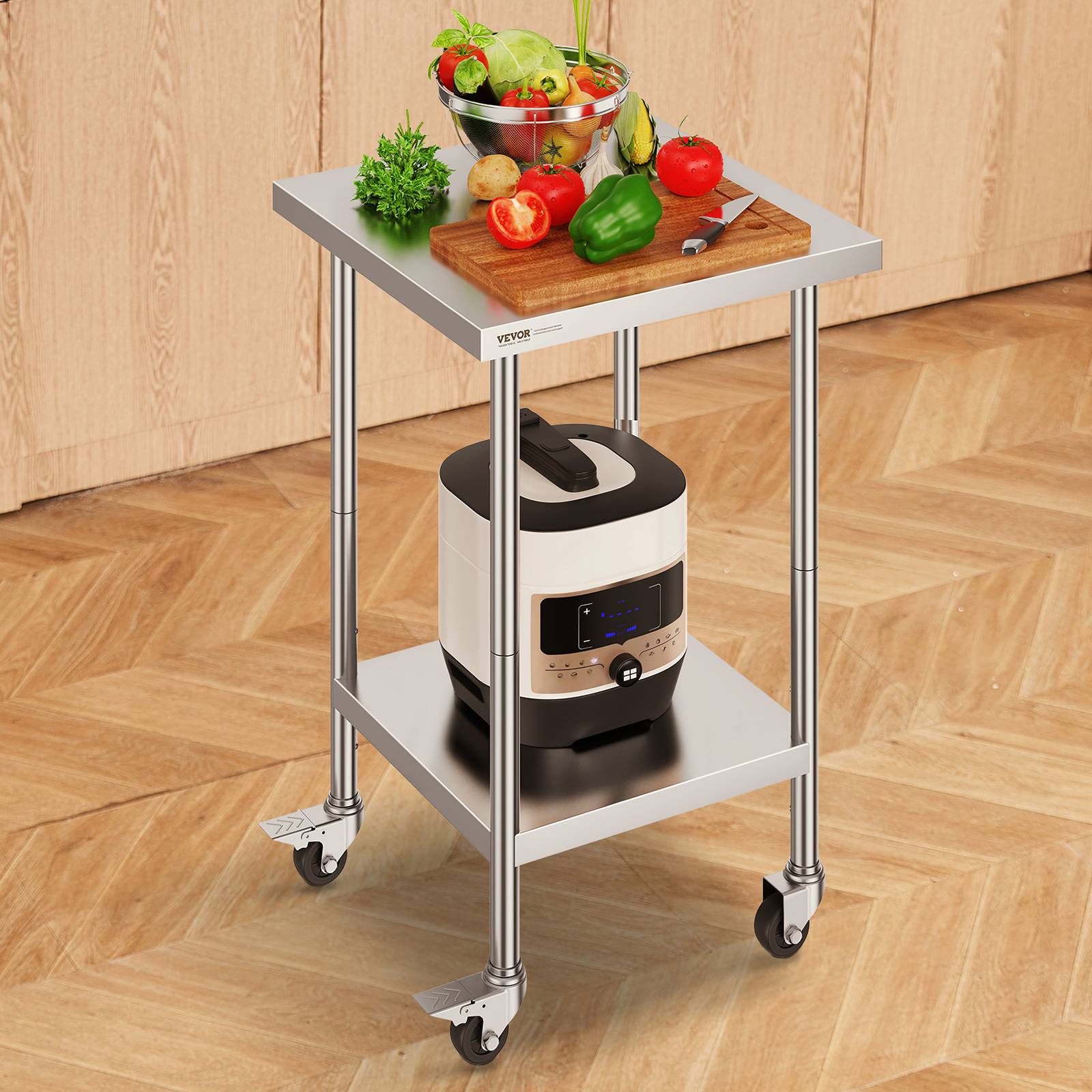 VEVOR Table travail inox 61x61x96cm, charge 317.5kg, 4 roulettes, 3 hauteurs, cuisine, restaurant. - Image 8