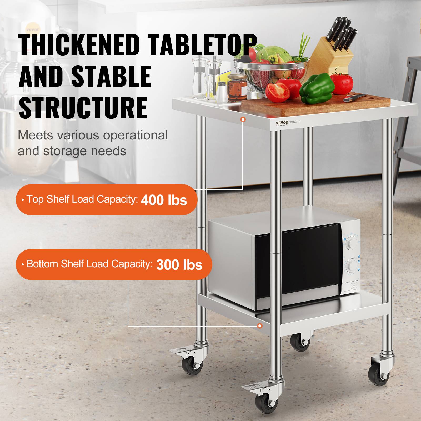 VEVOR Table travail inox 61x61x96cm, charge 317.5kg, 4 roulettes, 3 hauteurs, cuisine, restaurant. - Image 3