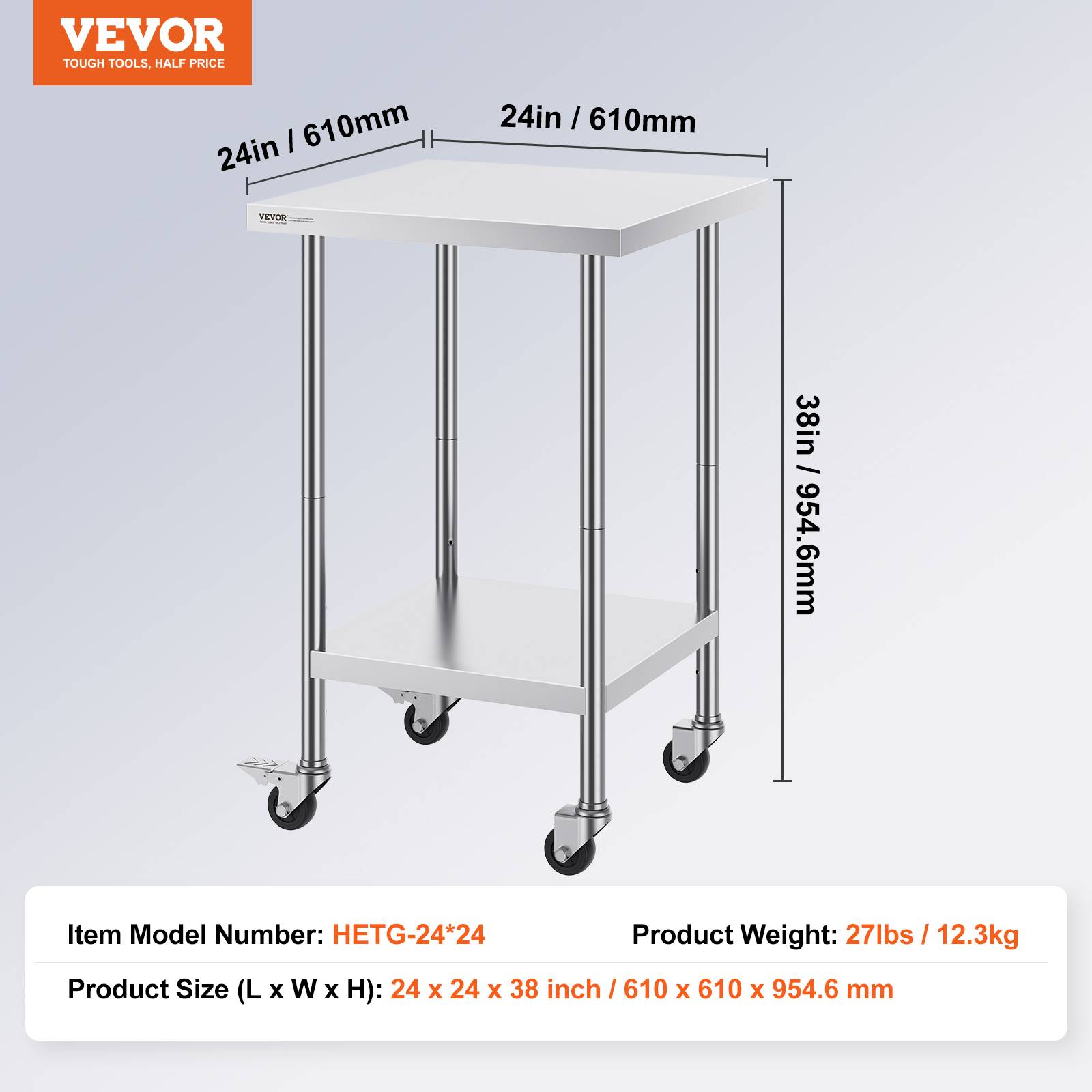 VEVOR Table travail inox 61x61x96cm, charge 317.5kg, 4 roulettes, 3 hauteurs, cuisine, restaurant. - Image 7