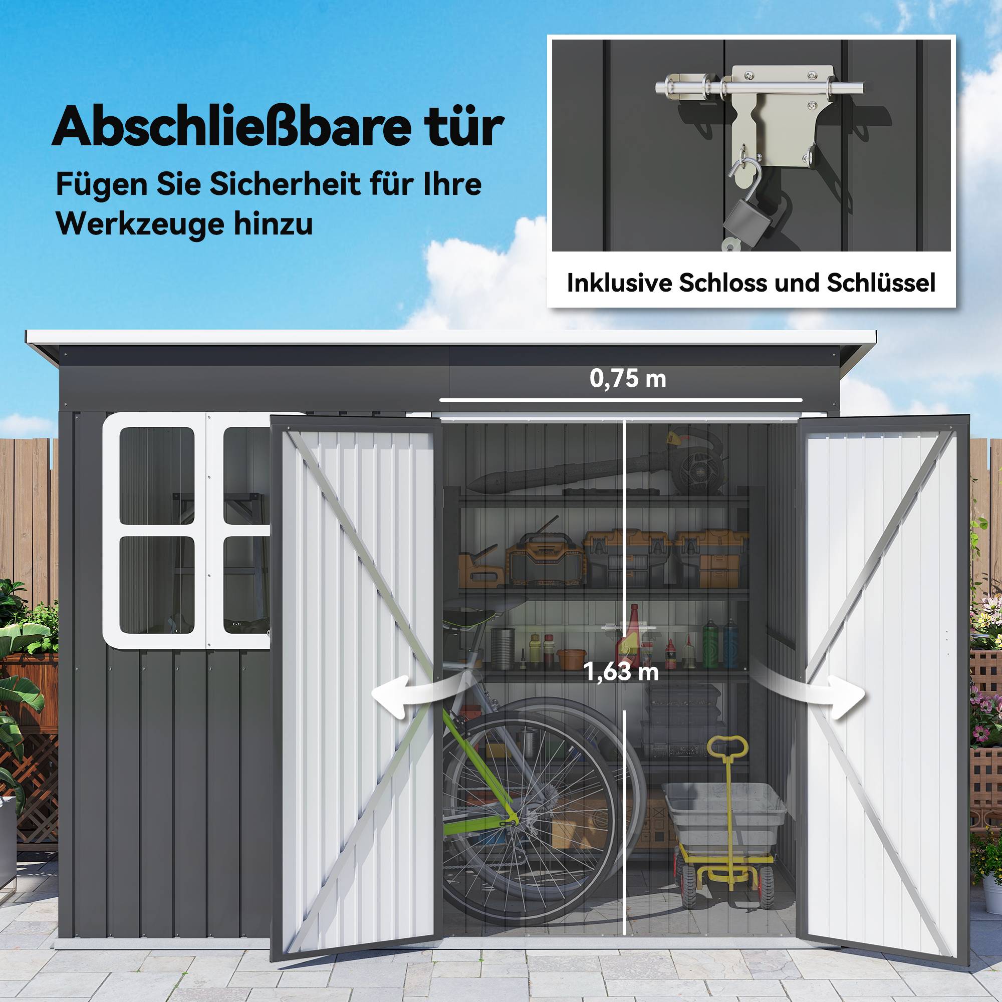 Abri de jardin métallique pour ranger les outils, avec fenêtre et large porte, 260 x 177 x 190 cm, gris foncé - Image 8