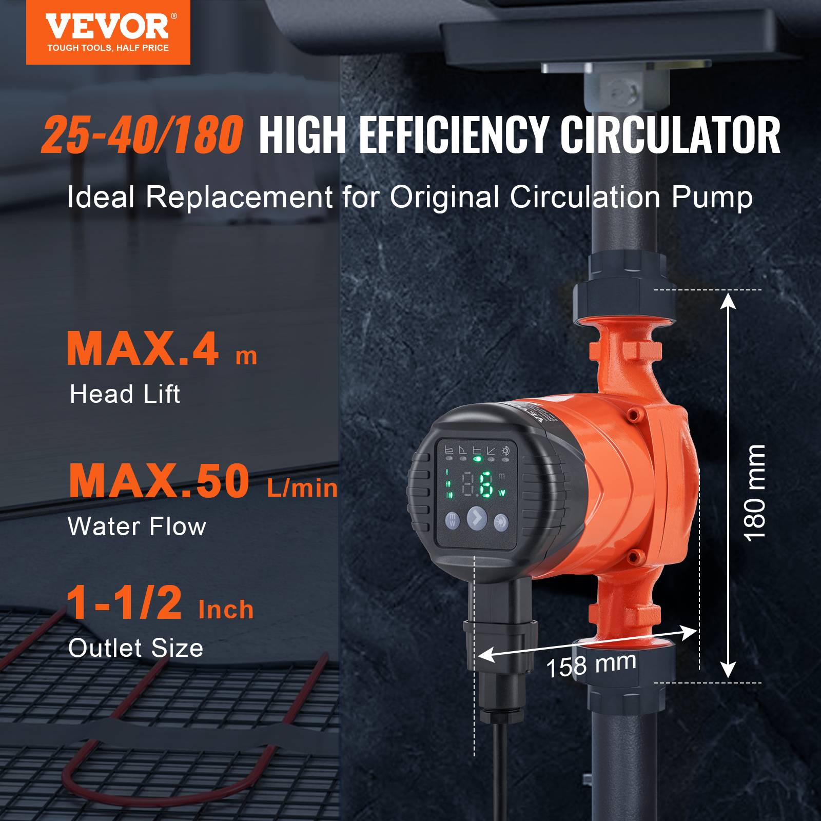 VEVOR Pompe circulation eau chaude LPS25-4BP-180, 50 L/min, 220V 22W, hauteur 4m, pour système chauffe-eau. - Image 2