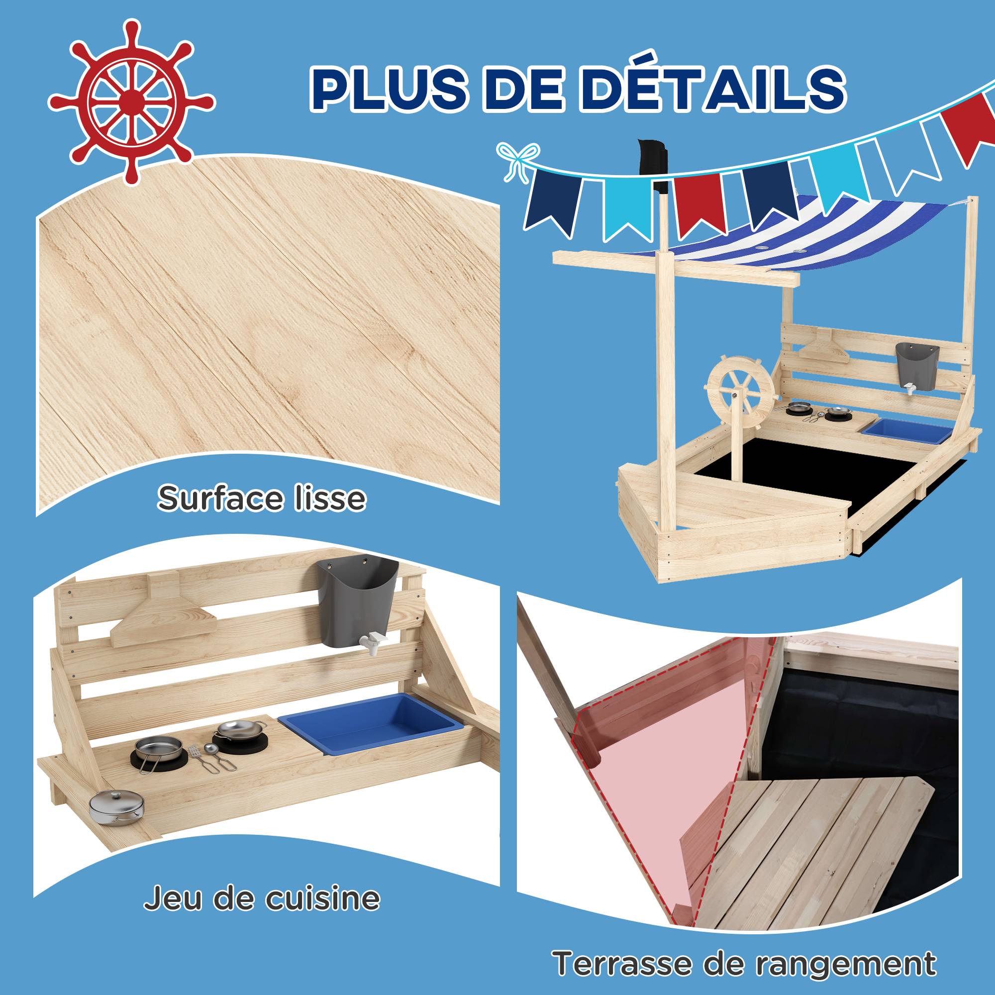 Bac à sable en bois avec jeu de cuisine 6 accessoires coffre rangement gouvernail drapeau 180 x 103 x 144,5 cm naturel - Image 8