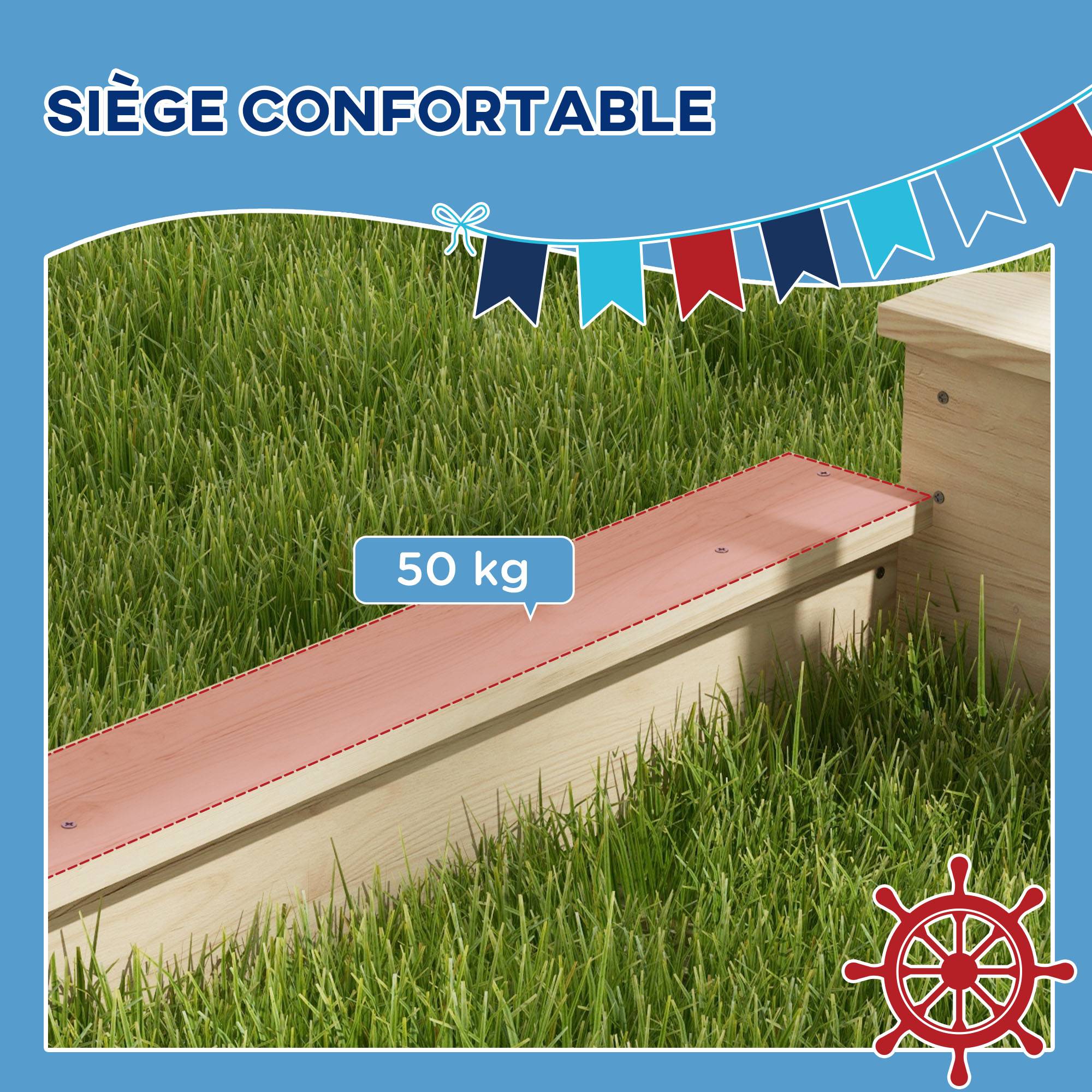 Bac à sable en bois avec jeu de cuisine 6 accessoires coffre rangement gouvernail drapeau 180 x 103 x 144,5 cm naturel - Image 7