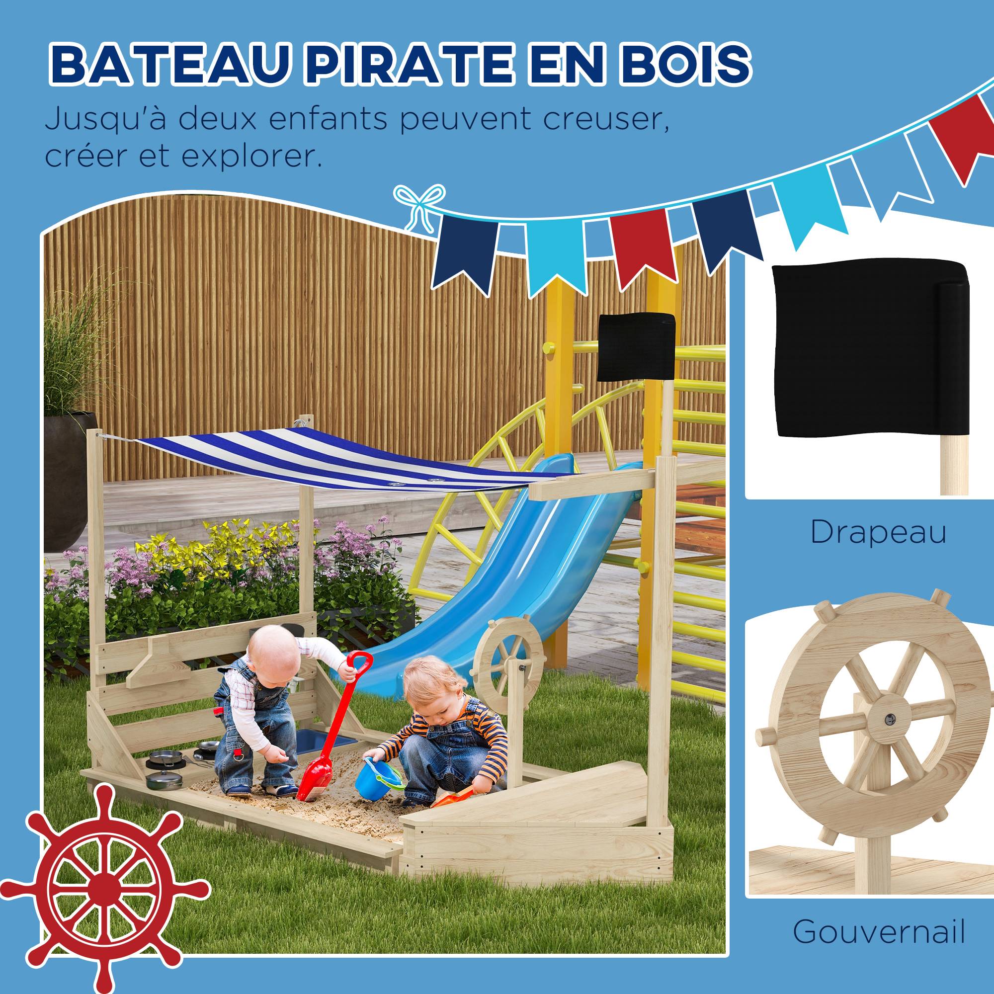 Bac à sable en bois avec jeu de cuisine 6 accessoires coffre rangement gouvernail drapeau 180 x 103 x 144,5 cm naturel - Image 5