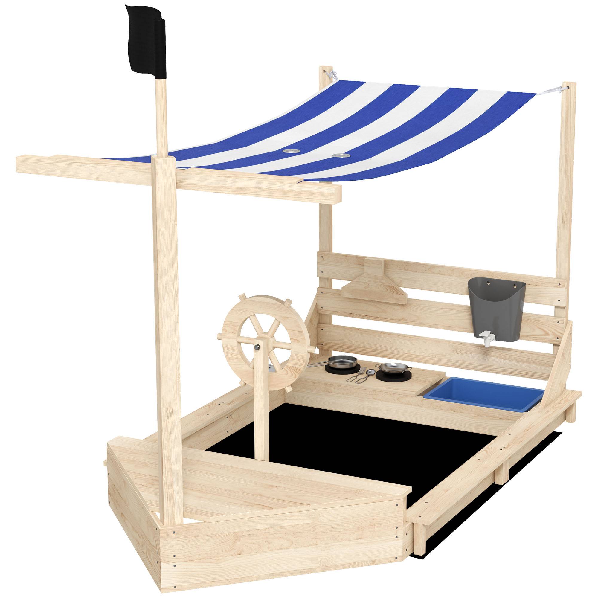 Bac à sable en bois avec jeu de cuisine 6 accessoires coffre rangement gouvernail drapeau 180 x 103 x 144,5 cm naturel - Image 2