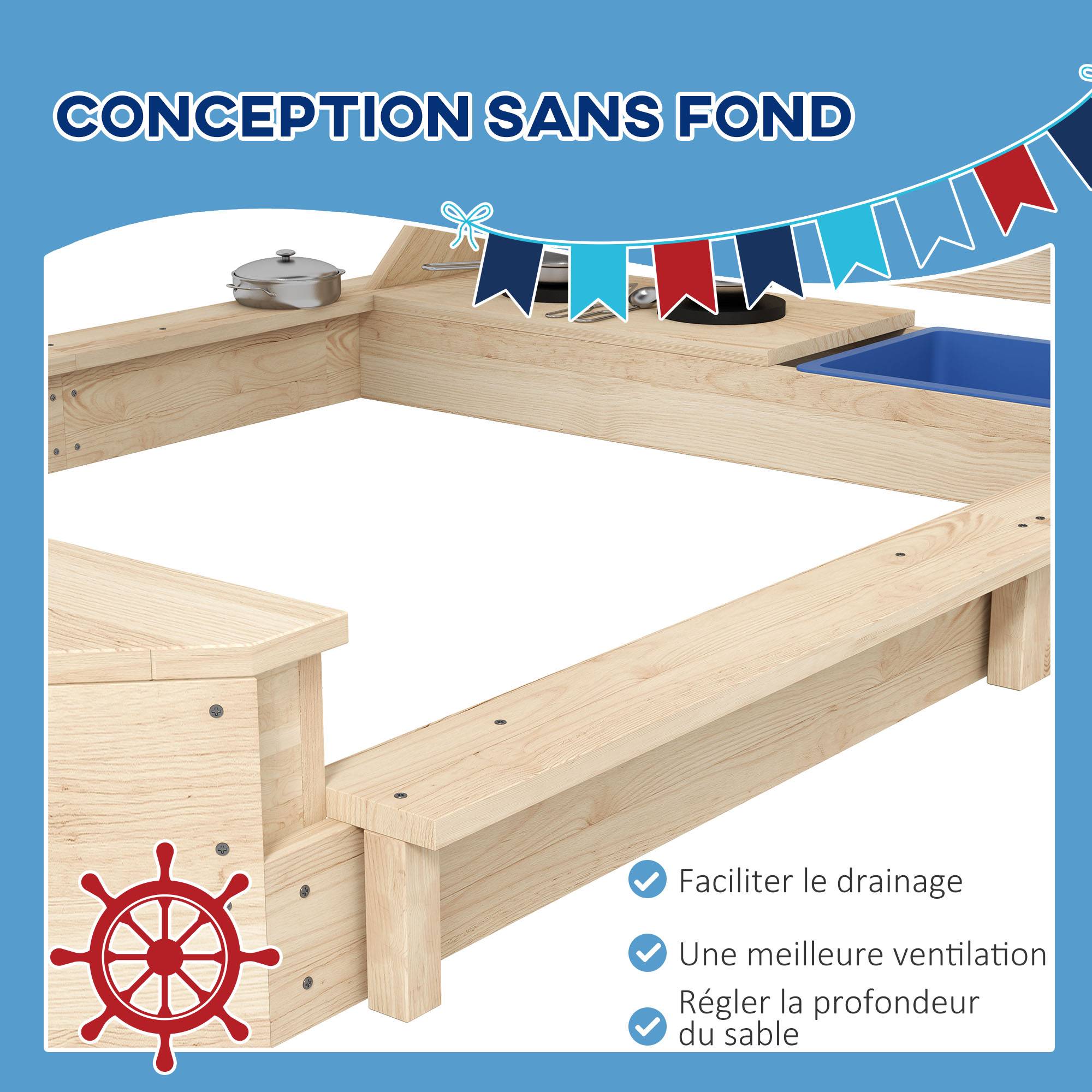 Bac à sable en bois avec jeu de cuisine 6 accessoires coffre rangement gouvernail drapeau 180 x 103 x 144,5 cm naturel - Image 6