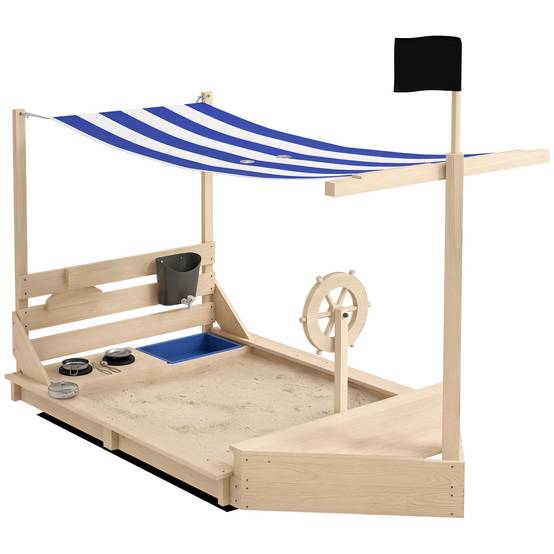 Bac à sable en bois avec jeu de cuisine 6 accessoires coffre rangement gouvernail drapeau 180 x 103 x 144,5 cm naturel - Image 1
