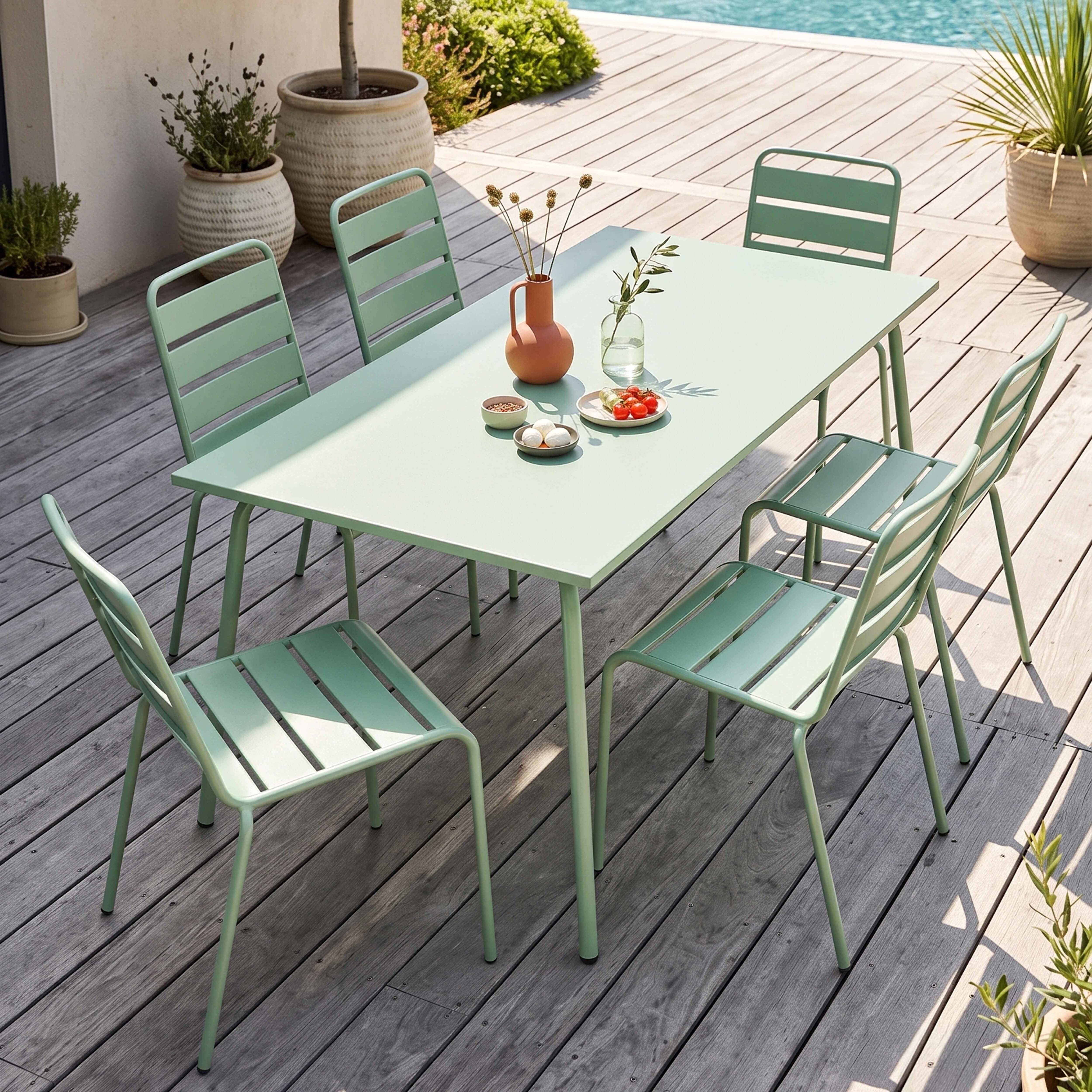 Oviala - Ensemble table de jardin et 6 chaises en métal vert sauge Palavas - Oviala - Imagen 2