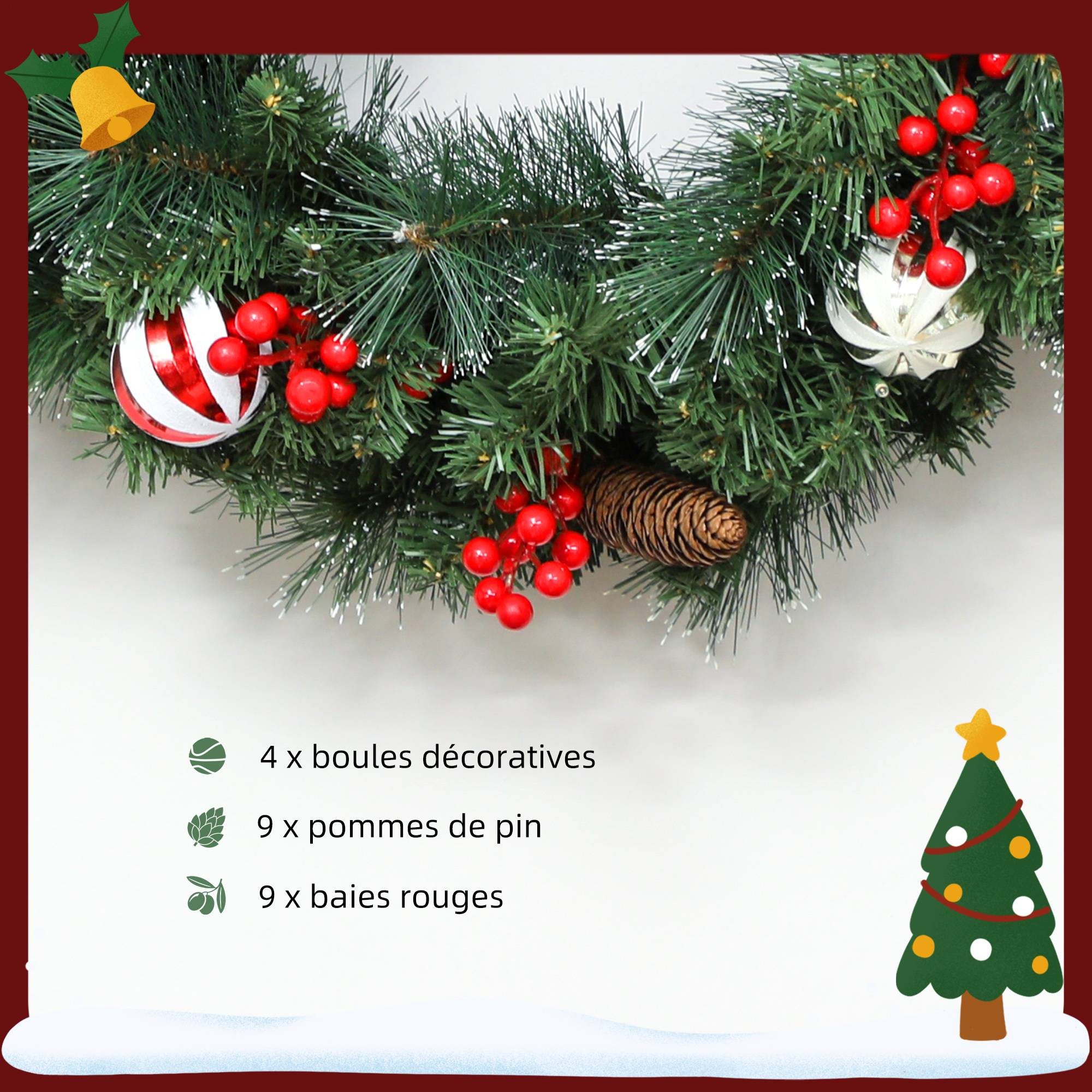 Couronne Noël lumineuse 60cm, 50 LED, minuterie, 146 branches, pommes pin, baies, boules, vert - Image 8