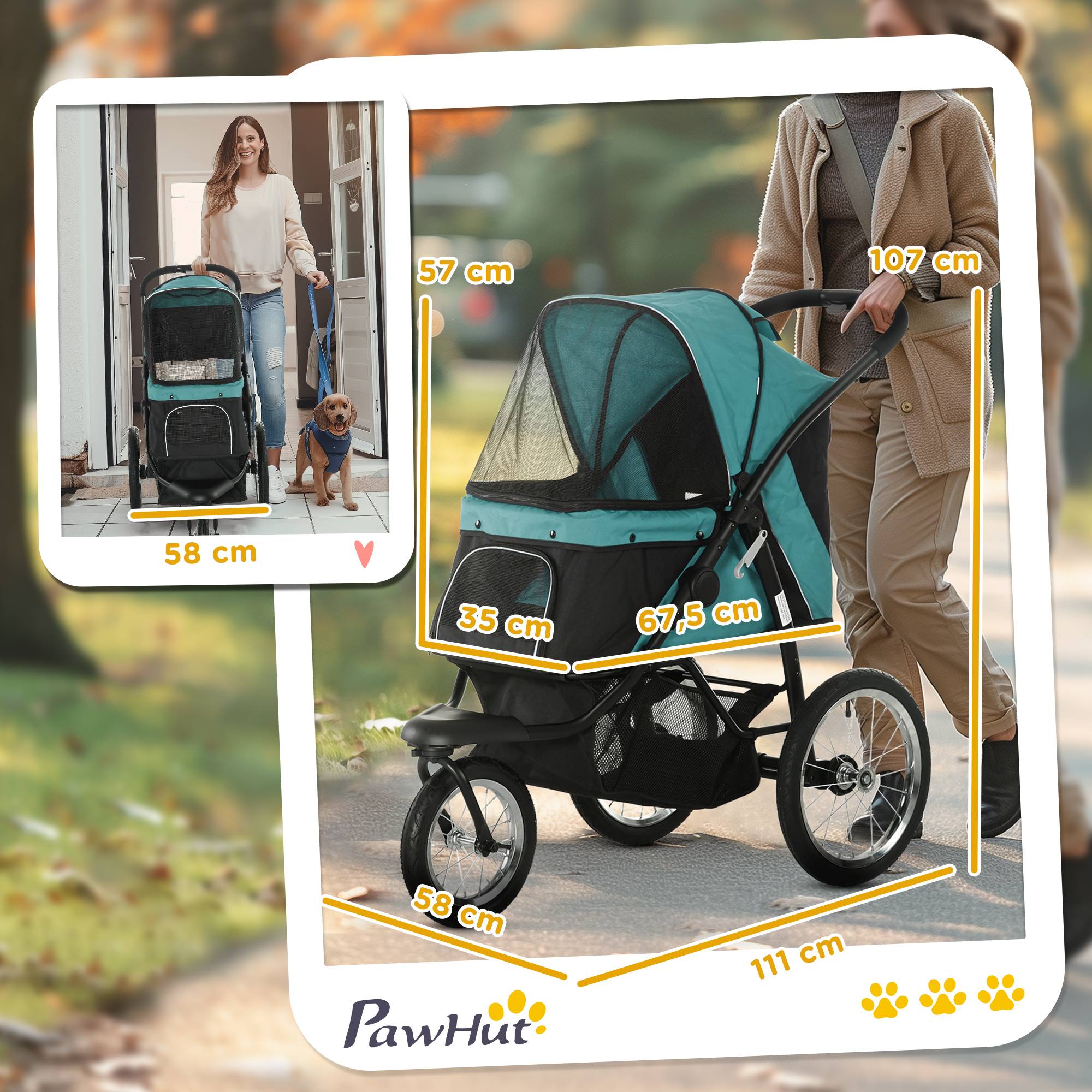 ComfortXL - Poussette pour chien pliable en acier et tissu Oxford vert foncé 111 x 58 x 107 cm tout terrain avec auvent - Image 3