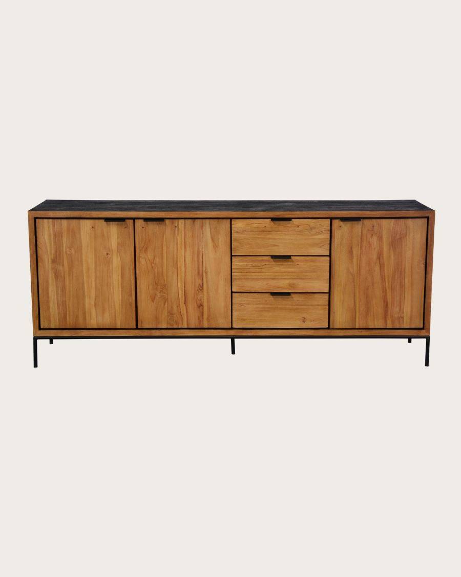 Buffet Bas En Teck Massif – Meuble Vintage Bois Exotique – Longueur 198cm