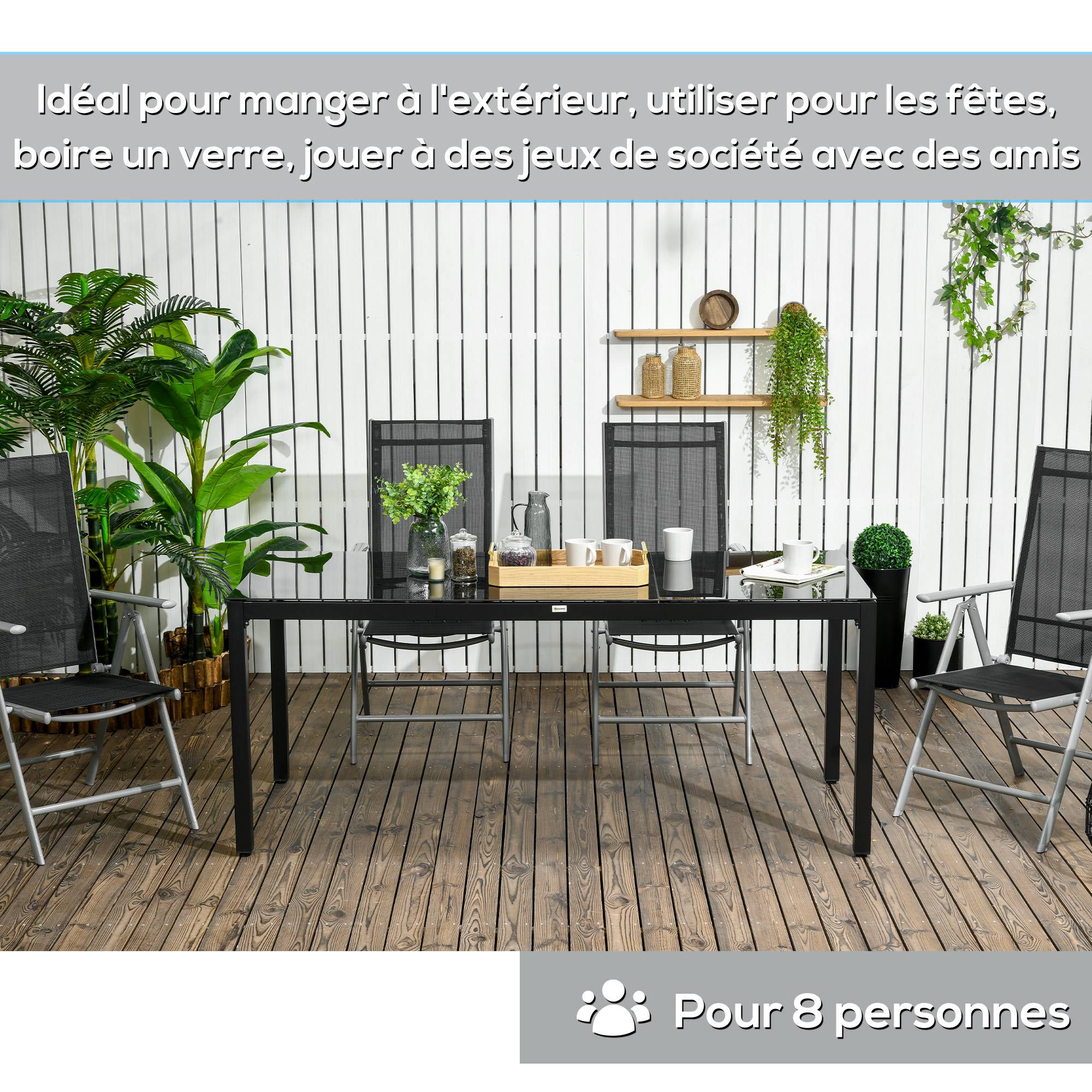 Outsunny - Table de jardin rectangulaire 8 personnes dim. 180L x 80l x 72H cm alu. plateau verre trempé noir - Image 6