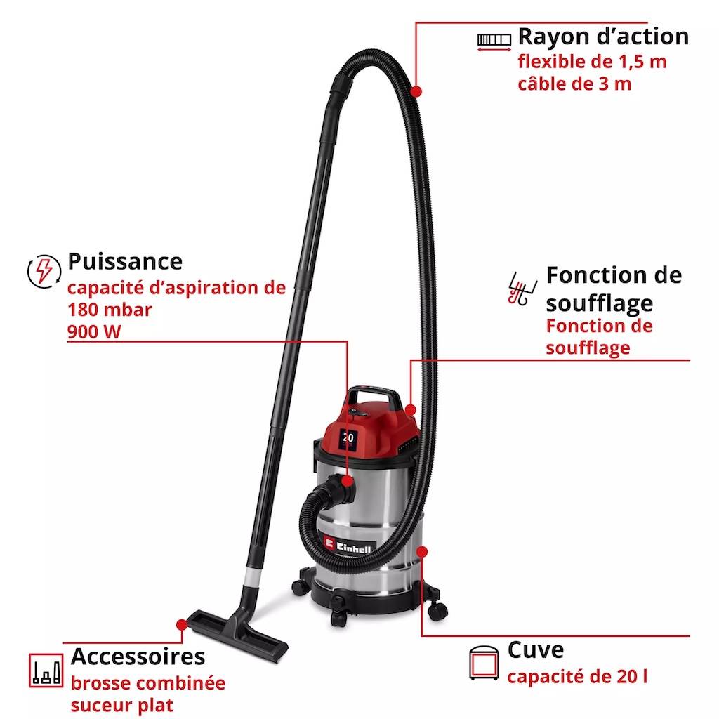 Einhell - Aspirateur eau et poussières inox – TC-VC 2045 S – 900 W – Cuve 20 L – Fonction soufflage Einhell - Image 3