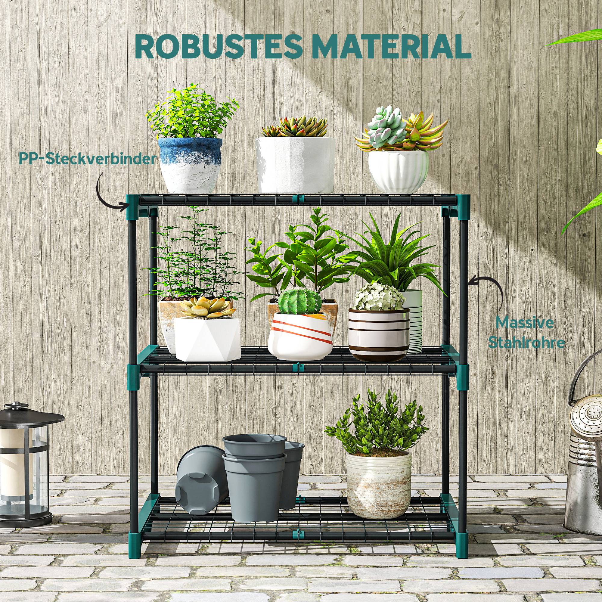 Support à plantes 3 niveaux 72 cm étagère acier intérieur extérieur vert foncé jardin balcon fleurs - Image 8