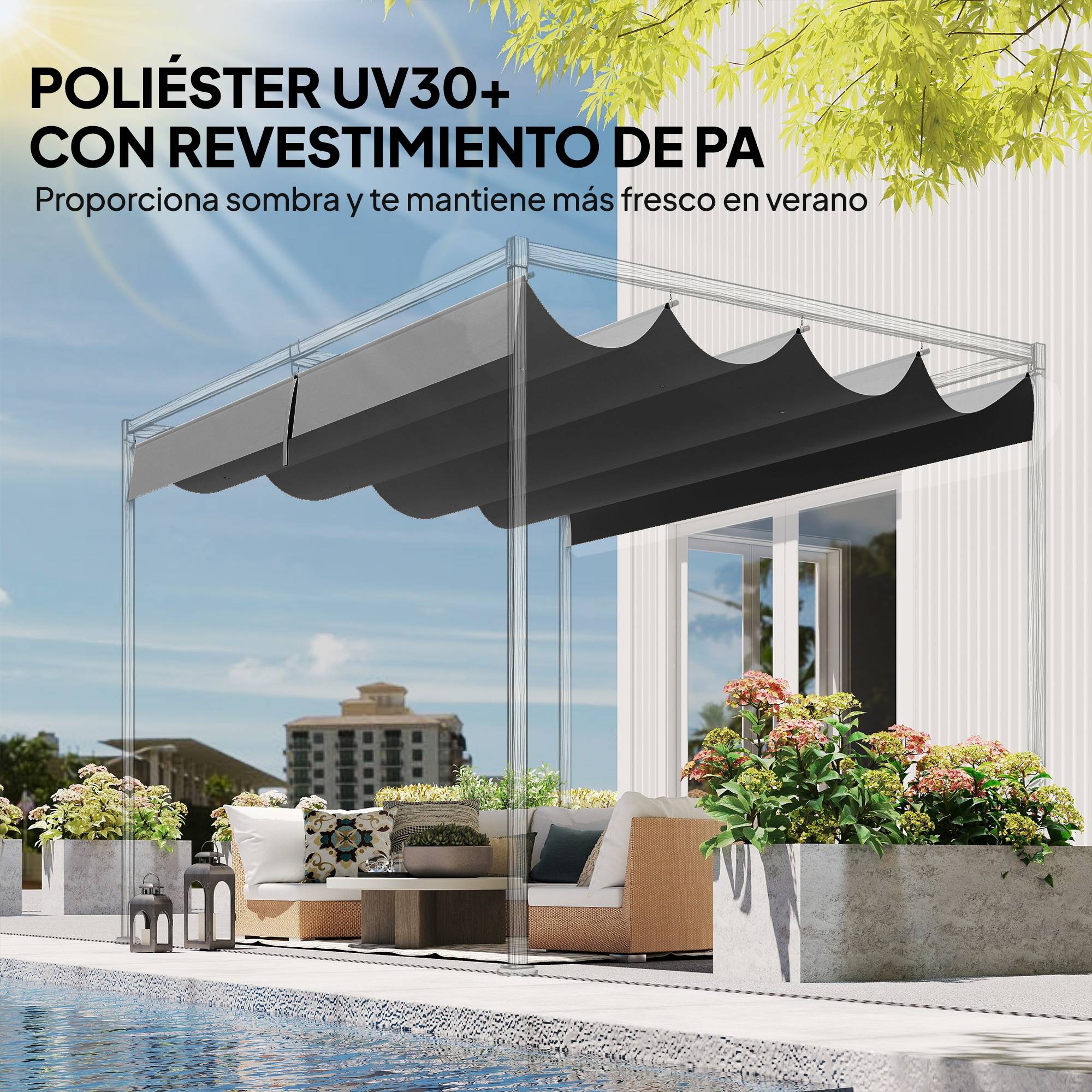Toile de Rechange pour Pergola 4x3m Rétractable Polyester Anti-UV avec Trous Drainage Gris Foncé - ComfortXL Outdoor Living - Image 7