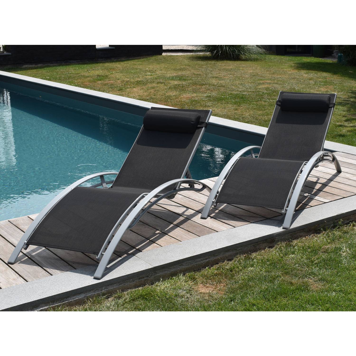 Happy Garden - Lot de 2 transats GALAPAGOS en textilène noir - aluminium gris - HAPPY GARDEN - Imagen 4