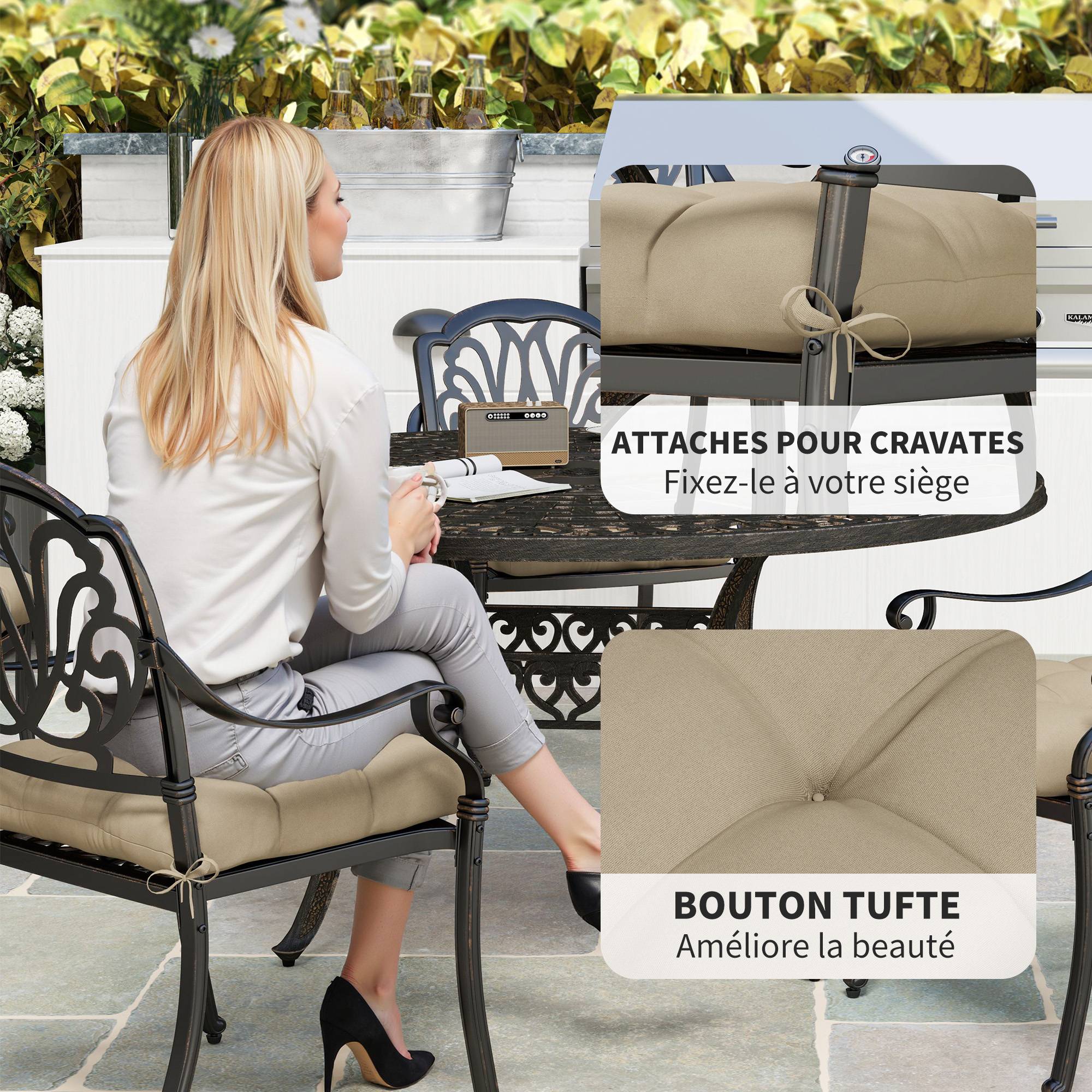 Lot de 4 coussins de chaise de jardin, coussins extérieurs capitonné, rembourrage 10 cm avec attaches, 48 x 48 cm kaki - Image 7