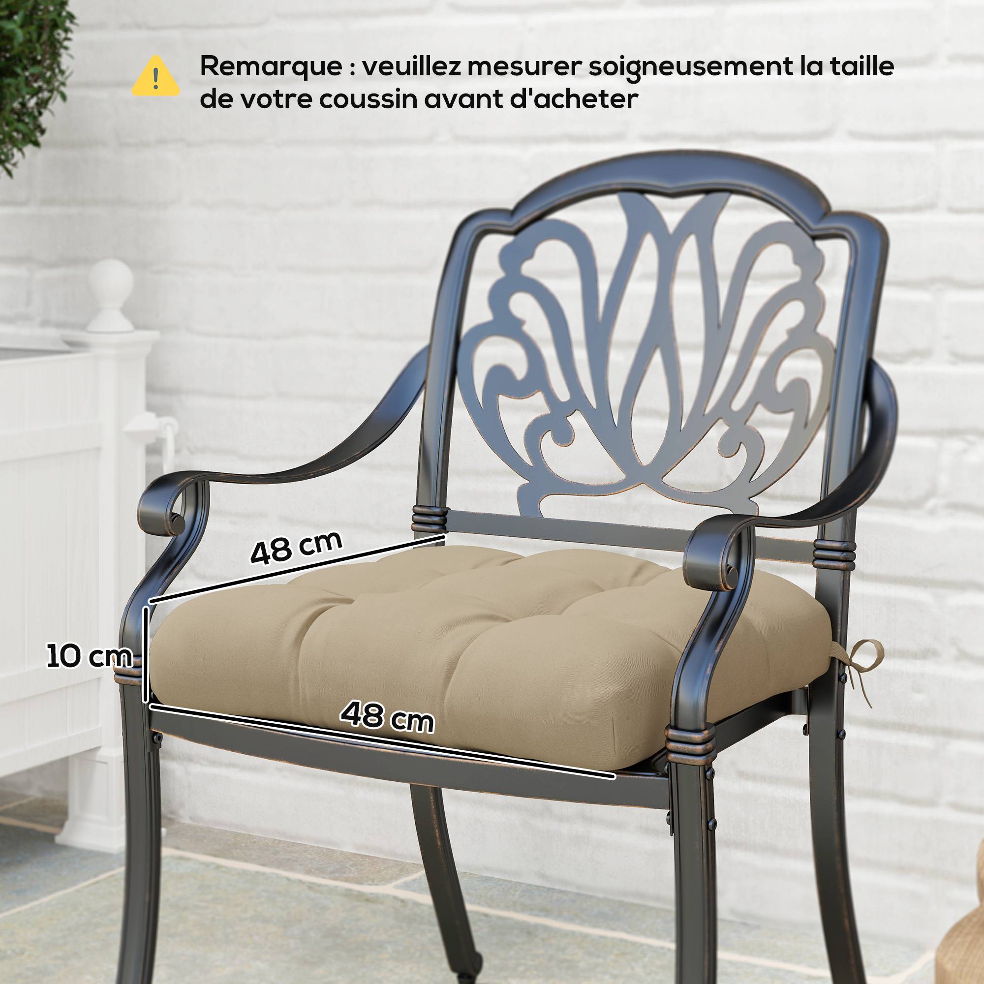 Lot de 4 coussins de chaise de jardin, coussins extérieurs capitonné, rembourrage 10 cm avec attaches, 48 x 48 cm kaki - Image 5