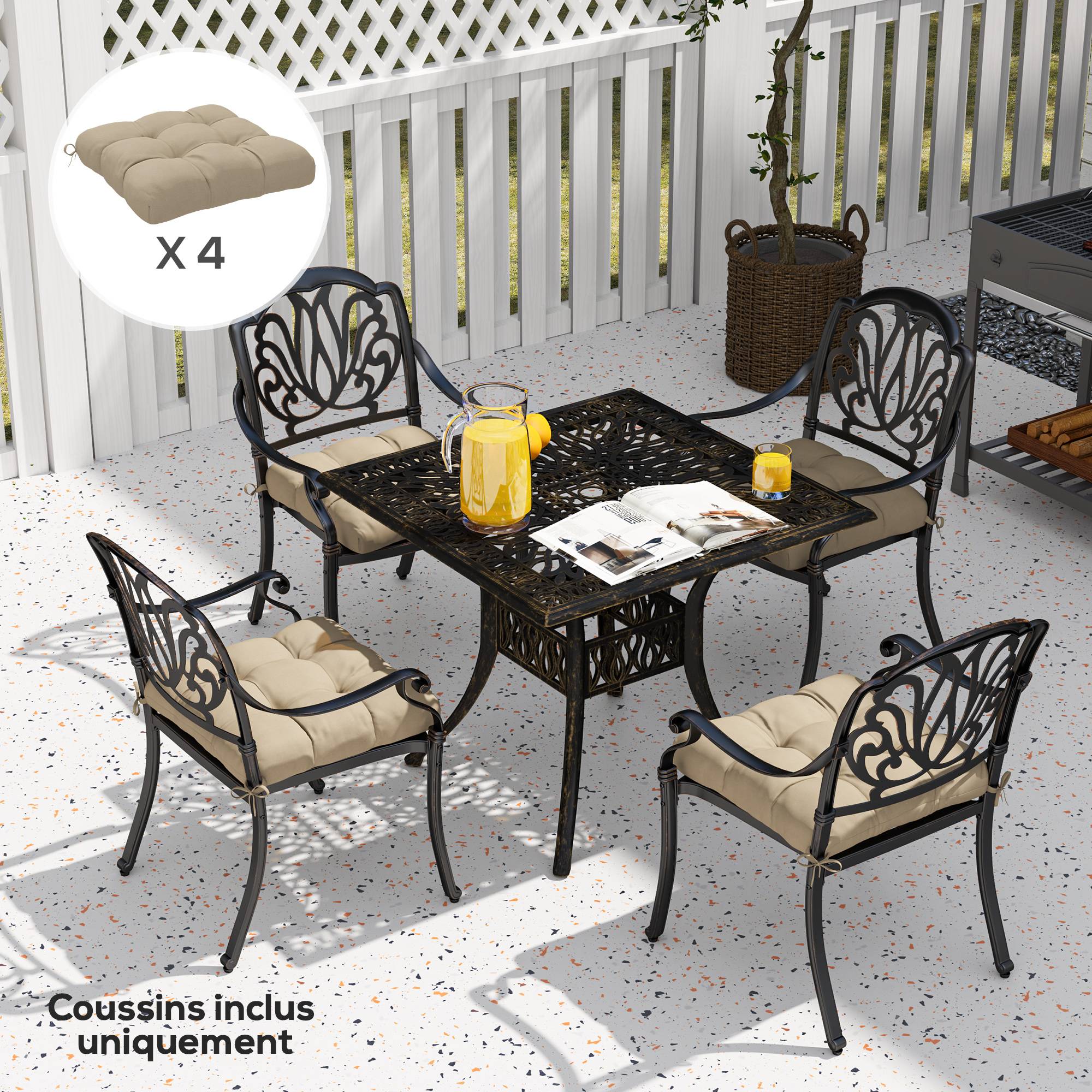 Lot de 4 coussins de chaise de jardin, coussins extérieurs capitonné, rembourrage 10 cm avec attaches, 48 x 48 cm kaki - Image 9