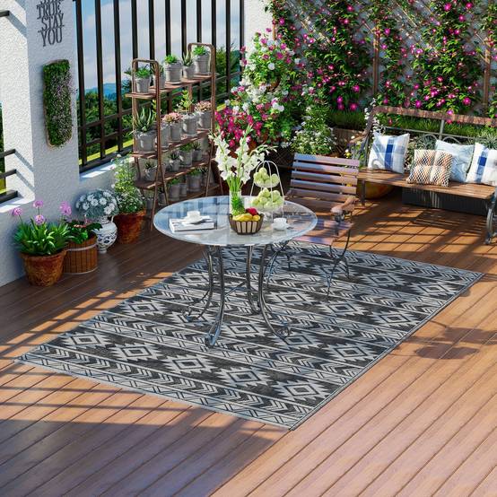 Tapis extérieur réversible Polypropylène Balcon terrasse Décoration 182x274cm Noir - ComfortXL Outdoor Living - Image 1
