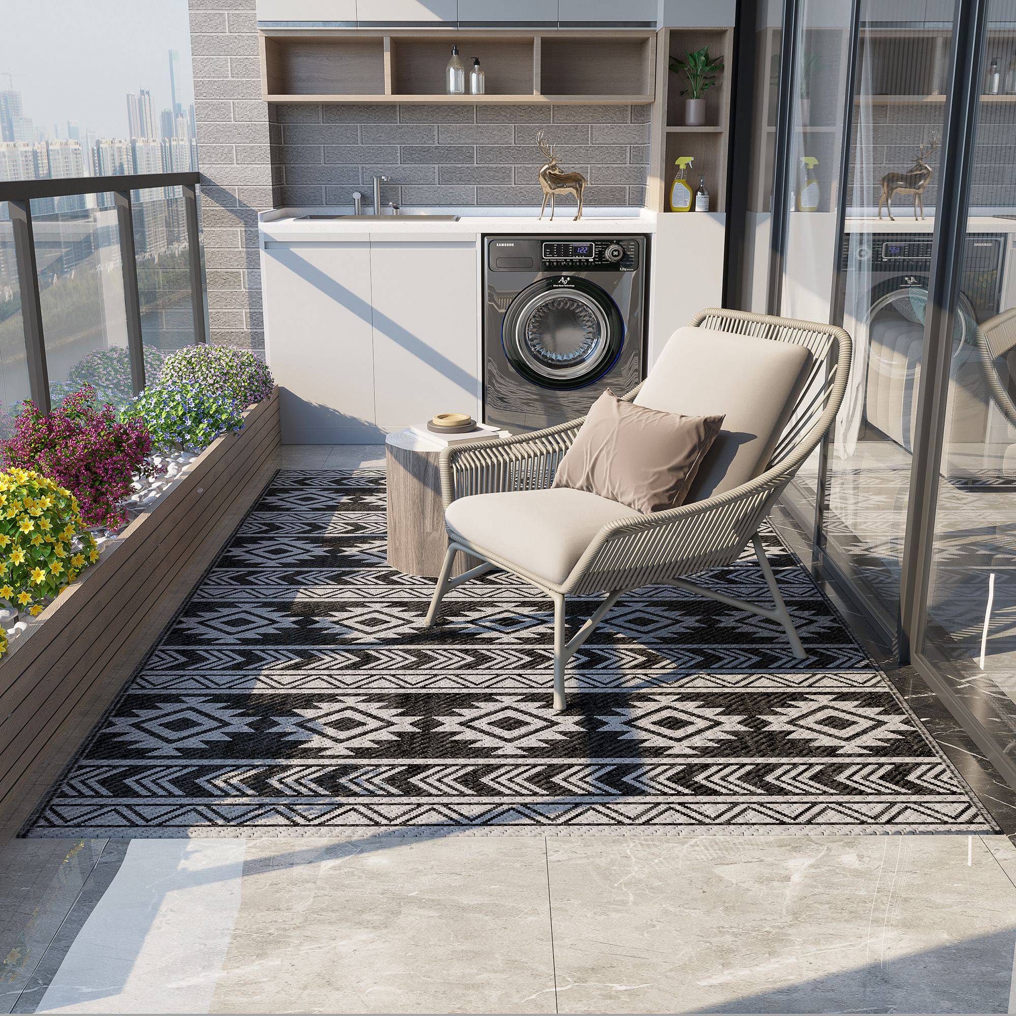 Tapis extérieur réversible Polypropylène Balcon terrasse Décoration 182x274cm Noir - ComfortXL Outdoor Living - Image 3