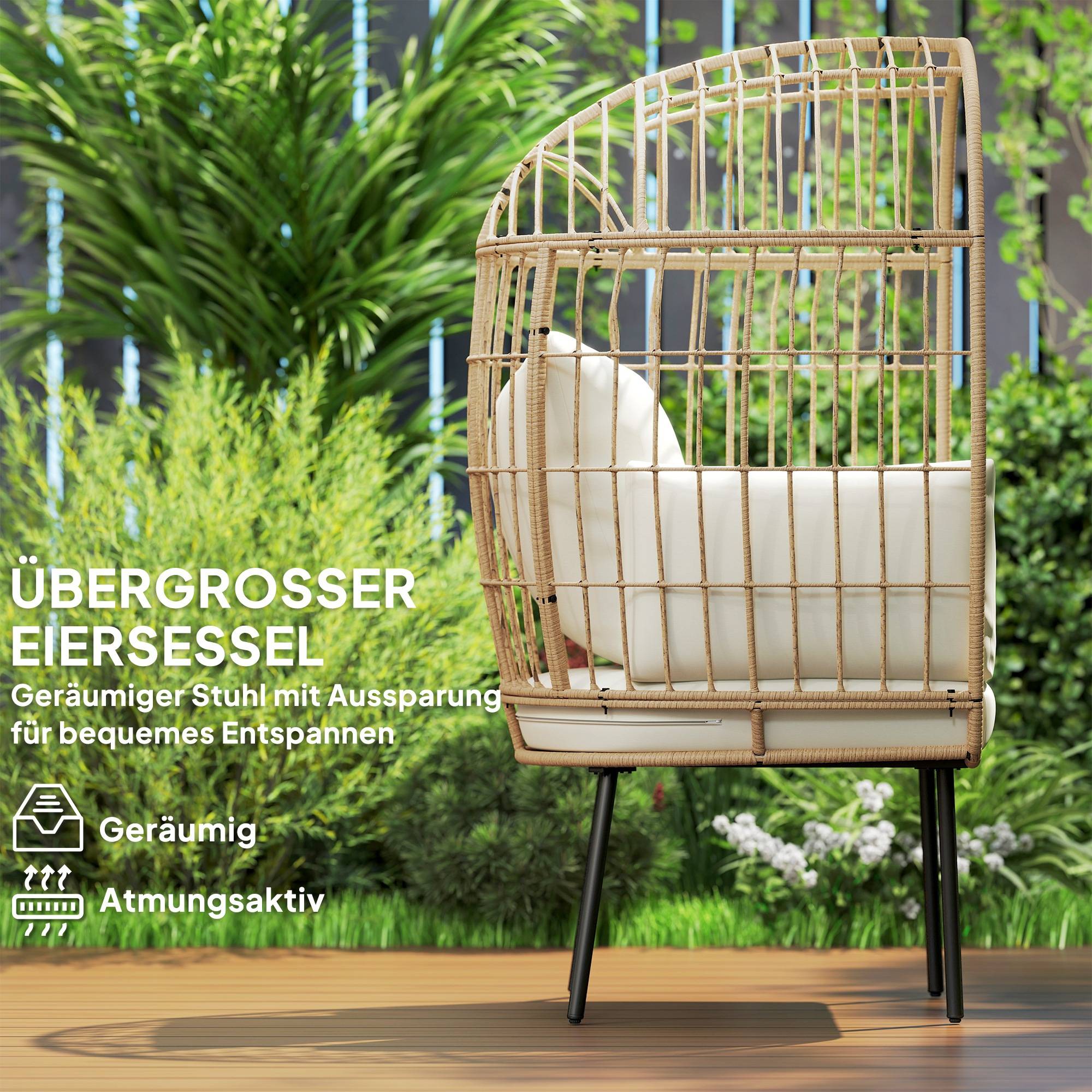 Fauteuil en rotin forme œuf avec coussin amovible, 95 x 80 x 155 cm, Beige, fauteuil de détente extérieur - Image 4