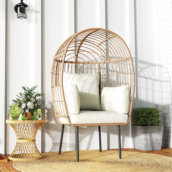 Fauteuil en rotin forme œuf avec coussin amovible, 95 x 80 x 155 cm, Beige, fauteuil de détente extérieur - Image 8