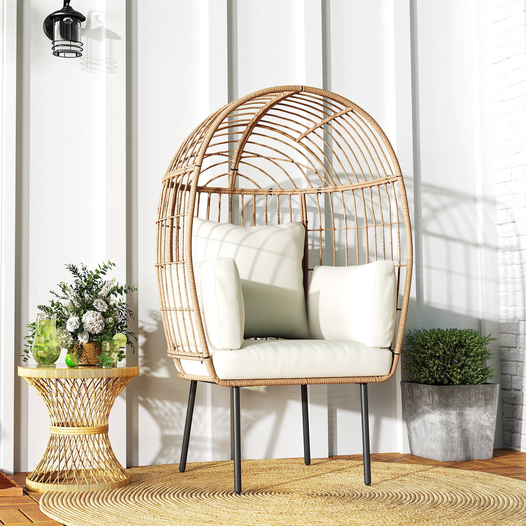 Fauteuil en rotin forme œuf avec coussin amovible, 95 x 80 x 155 cm, Beige, fauteuil de détente extérieur - Image 8
