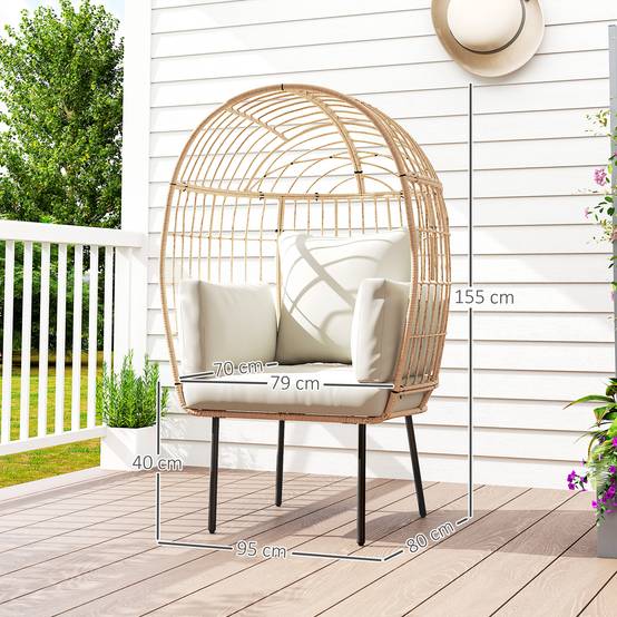 Fauteuil en rotin forme œuf avec coussin amovible, 95 x 80 x 155 cm, Beige, fauteuil de détente extérieur - Image 3