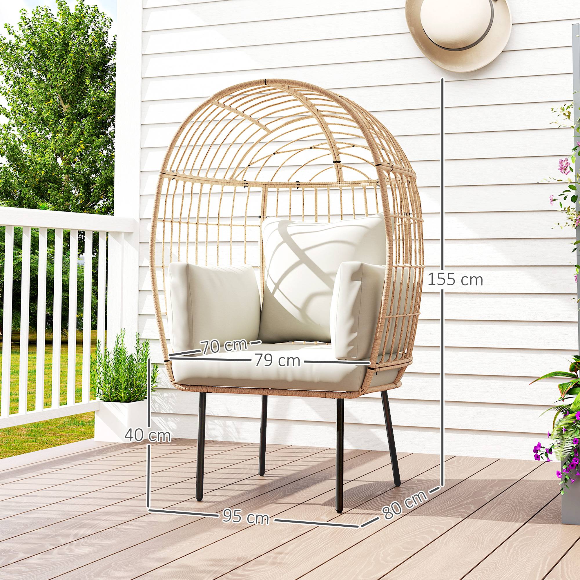 Fauteuil en rotin forme œuf avec coussin amovible, 95 x 80 x 155 cm, Beige, fauteuil de détente extérieur - Image 3
