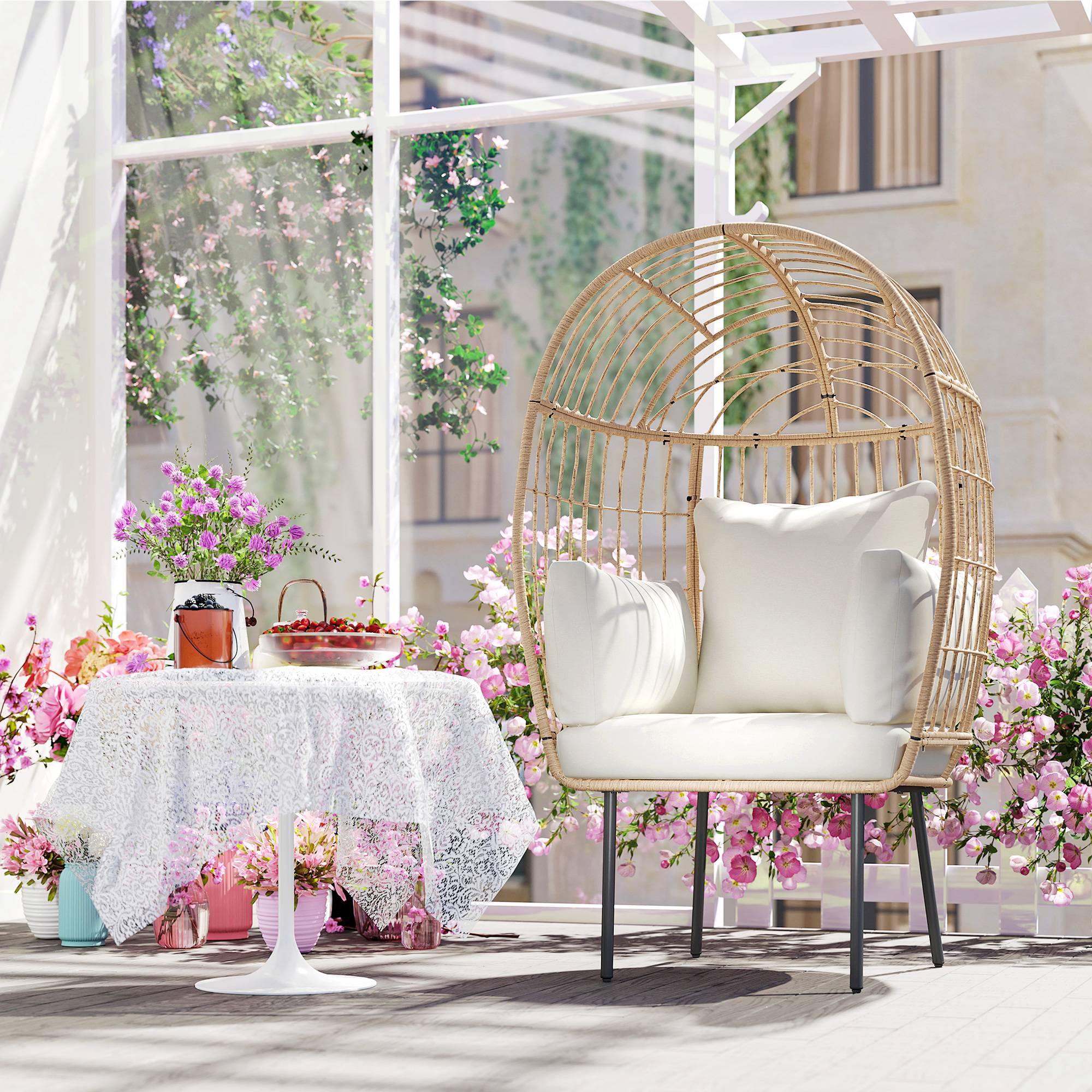 Fauteuil en rotin forme œuf avec coussin amovible, 95 x 80 x 155 cm, Beige, fauteuil de détente extérieur - Image 9