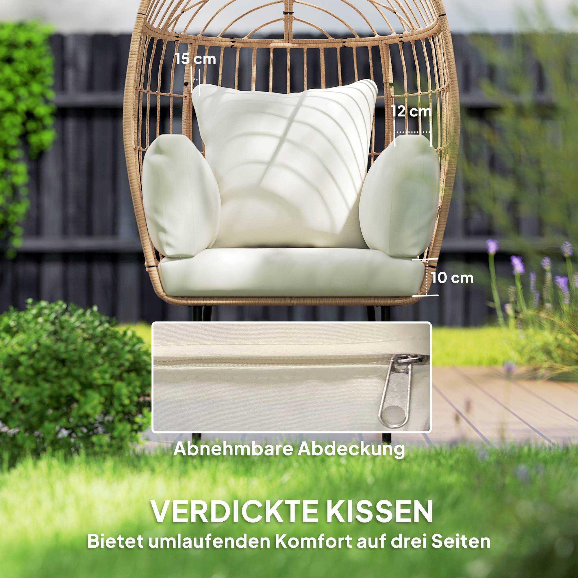 Fauteuil en rotin forme œuf avec coussin amovible, 95 x 80 x 155 cm, Beige, fauteuil de détente extérieur - Image 6