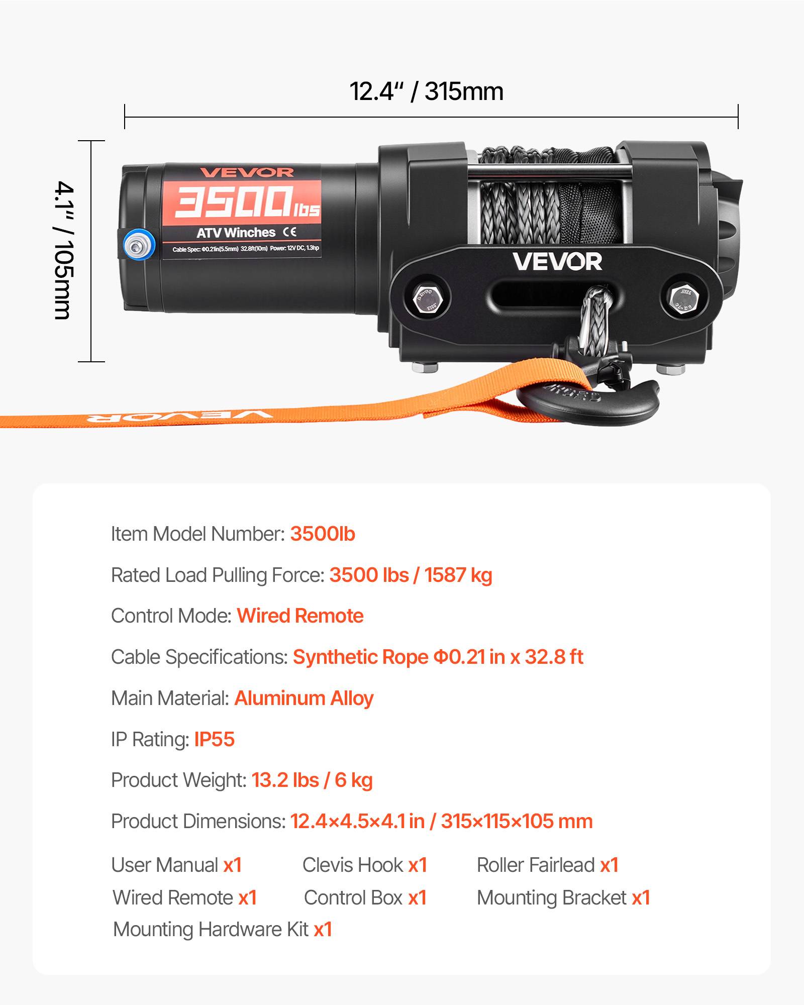 Vevor - VEVOR Treuil électrique 12 V 1 587 kg pour quad, corde synthétique 5,5 mm x 10 m, télécommande filaire 3 m, boîtier aluminium IP55. - Image 6