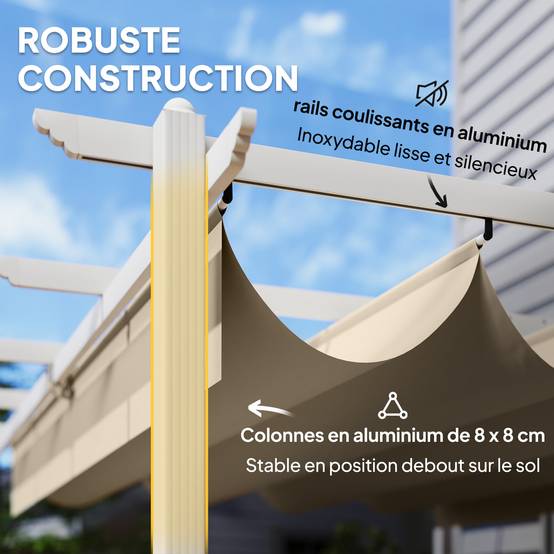 Outsunny - Pergola - tonnelle de Jardin toit rétractable avec toile coulissante magnétique - aluminium - 390x297x227cm - beige - Outsunny - Image 8