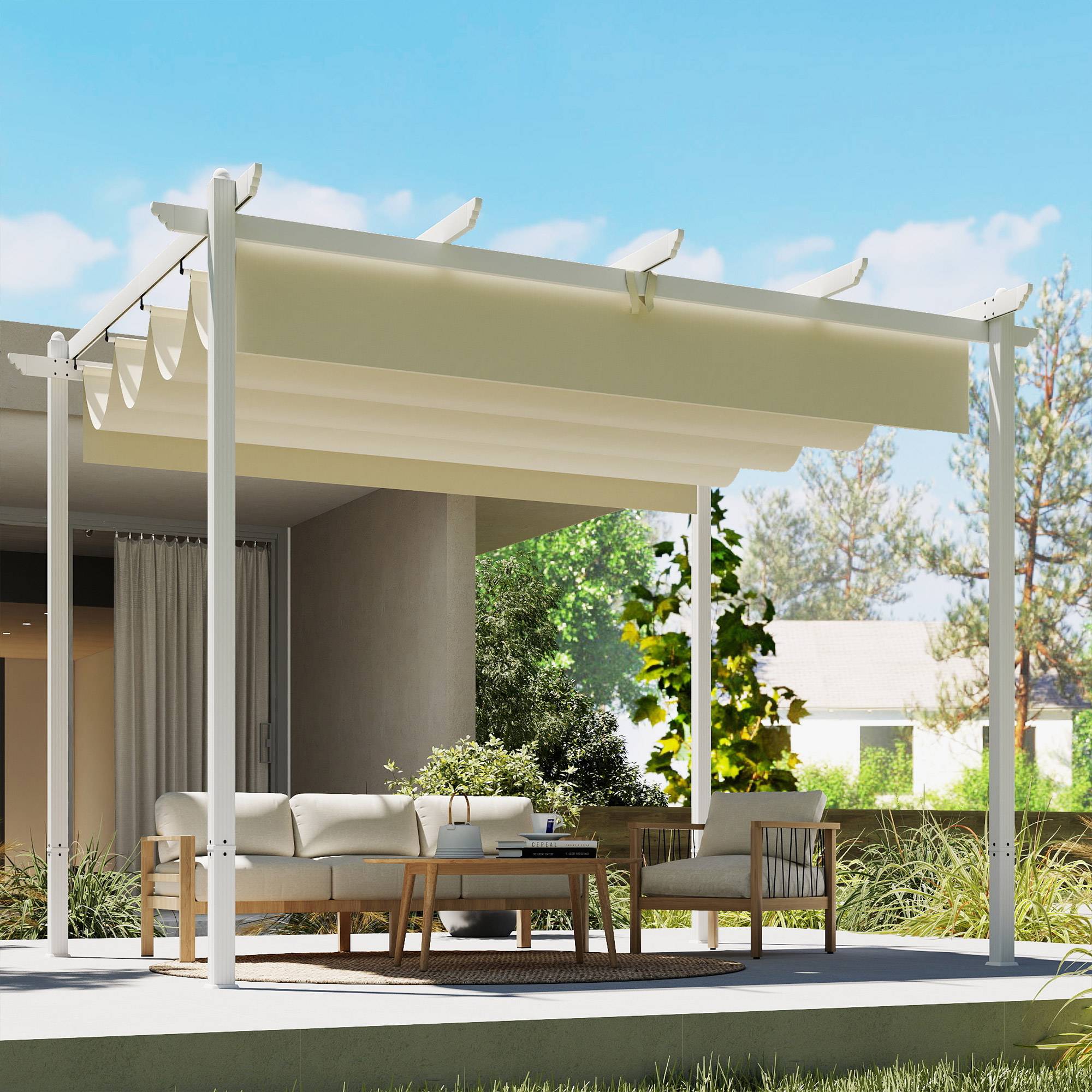 Outsunny - Pergola - tonnelle de Jardin toit rétractable avec toile coulissante magnétique - aluminium - 390x297x227cm - beige - Outsunny - Image 4