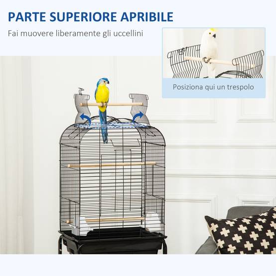 Cage pour oiseaux avec 3 perchoirs, 2 mangeoires et 2 portes latérales, acier, PP et bois, 46x36x130 cm, noire - Image 6