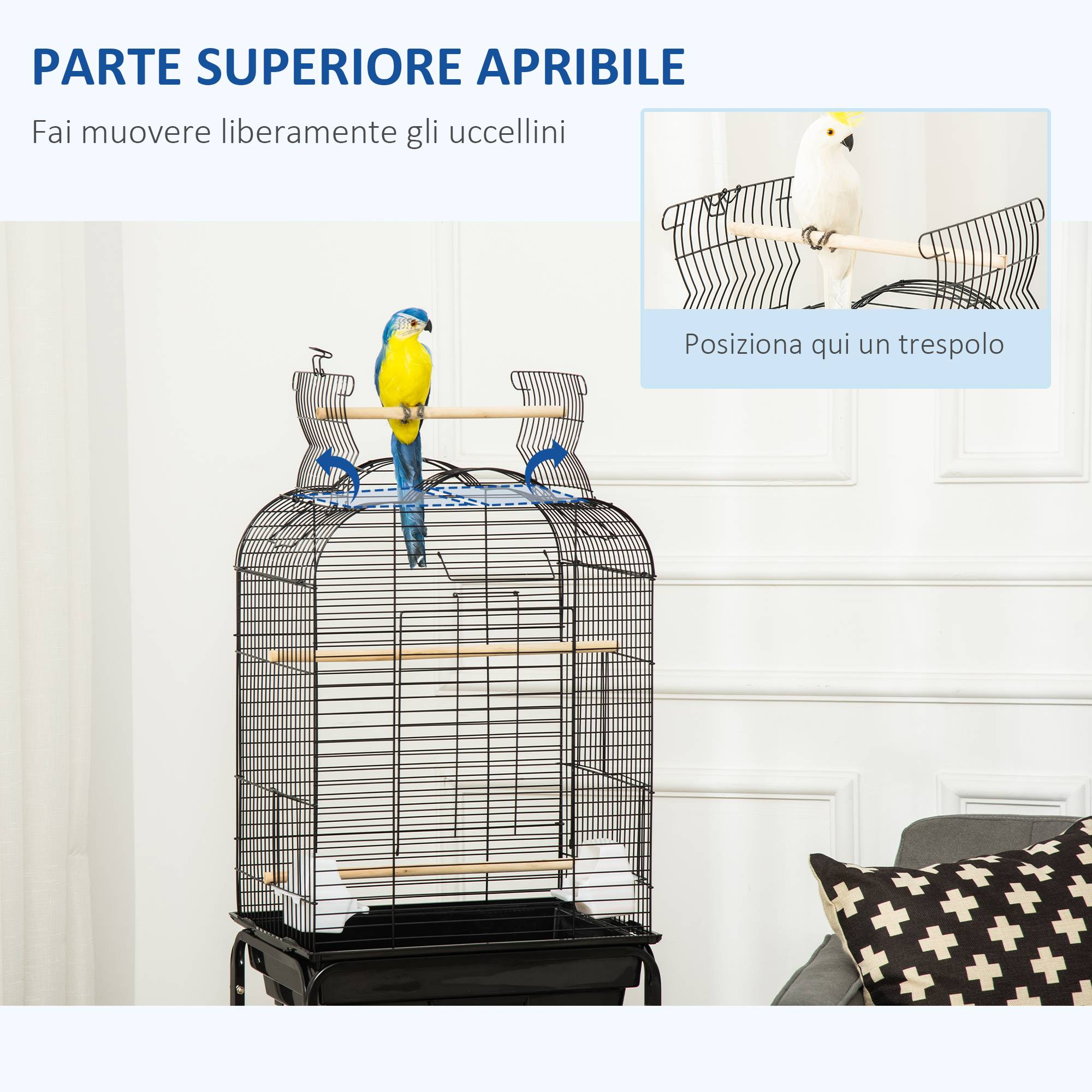 Cage pour oiseaux avec 3 perchoirs, 2 mangeoires et 2 portes latérales, acier, PP et bois, 46x36x130 cm, noire - Image 6