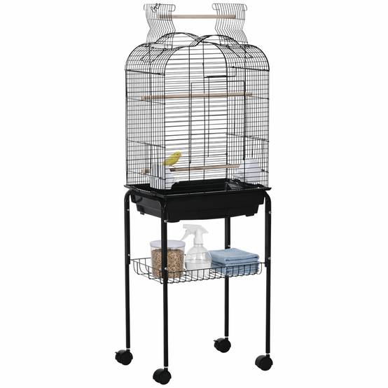Cage pour oiseaux avec 3 perchoirs, 2 mangeoires et 2 portes latérales, acier, PP et bois, 46x36x130 cm, noire - Image 1