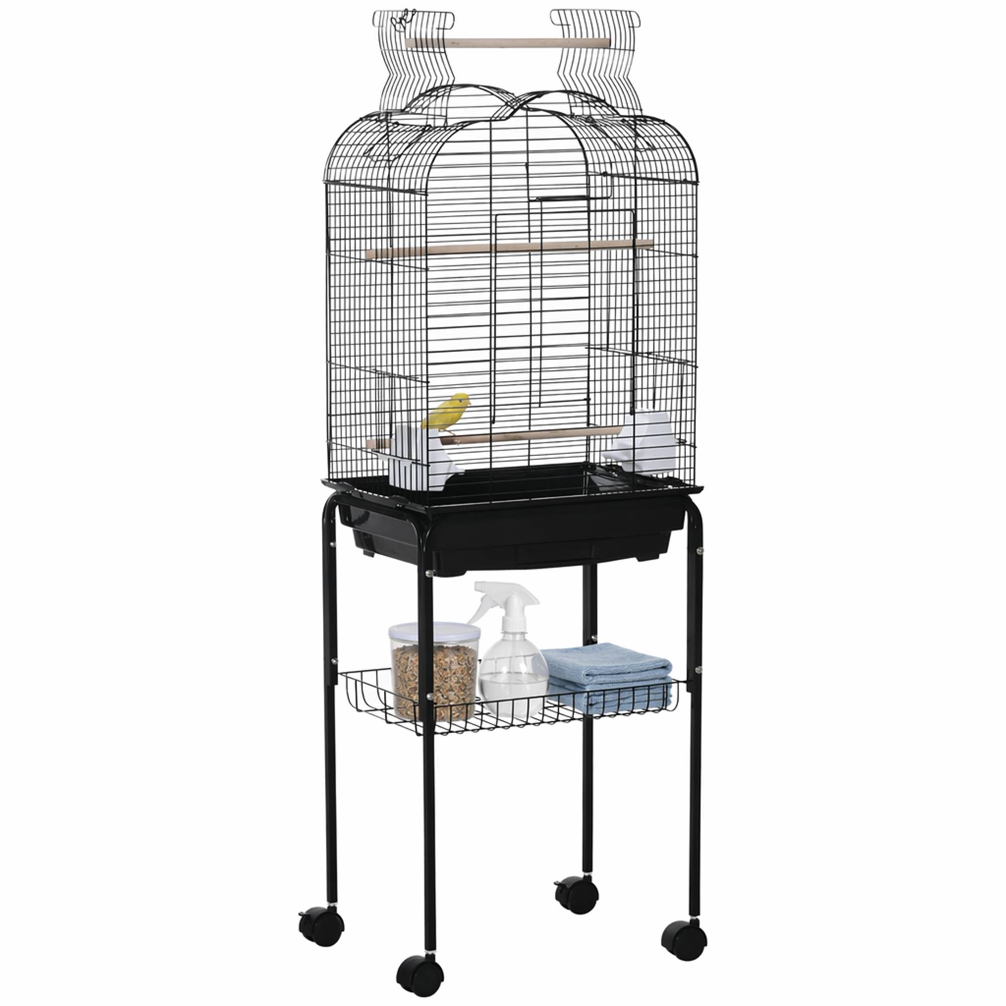 Cage pour oiseaux avec 3 perchoirs, 2 mangeoires et 2 portes latérales, acier, PP et bois, 46x36x130 cm, noire - Image 1