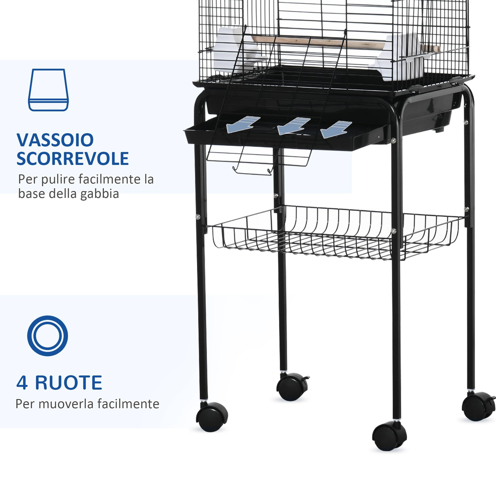 Cage pour oiseaux avec 3 perchoirs, 2 mangeoires et 2 portes latérales, acier, PP et bois, 46x36x130 cm, noire - Image 8