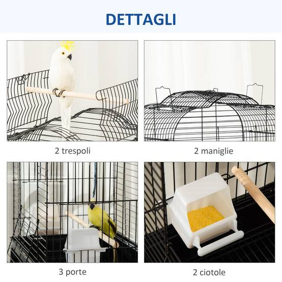 Cage pour oiseaux avec 3 perchoirs, 2 mangeoires et 2 portes latérales, acier, PP et bois, 46x36x130 cm, noire - Image 9